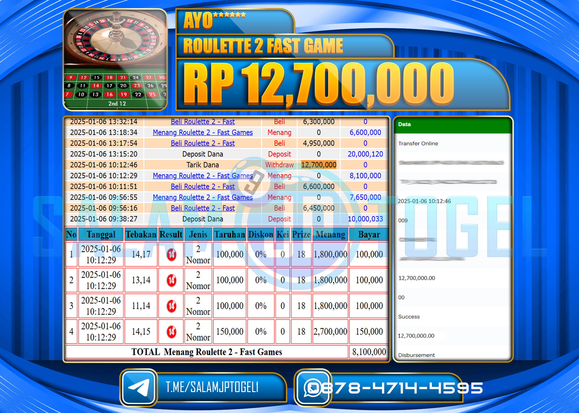 SALAMJPTOGEL MENANG ROULETTE 2 FAST GAMES Rp.12,700,000 LUNAS