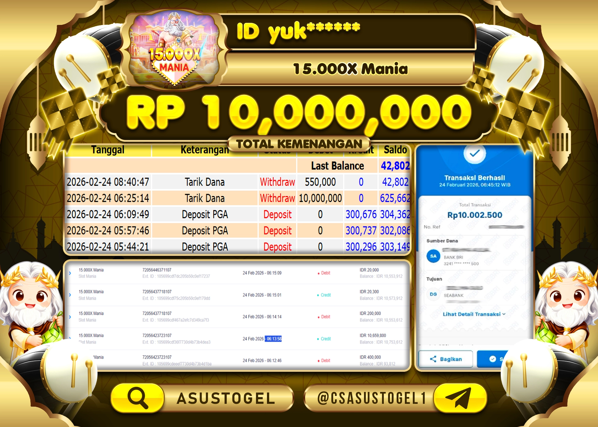 ASUSTOGEL KEMENANGAN DI SLOT MANIA 15.000X SEBESAR 10,000,000 - RUPIAH LUNAS