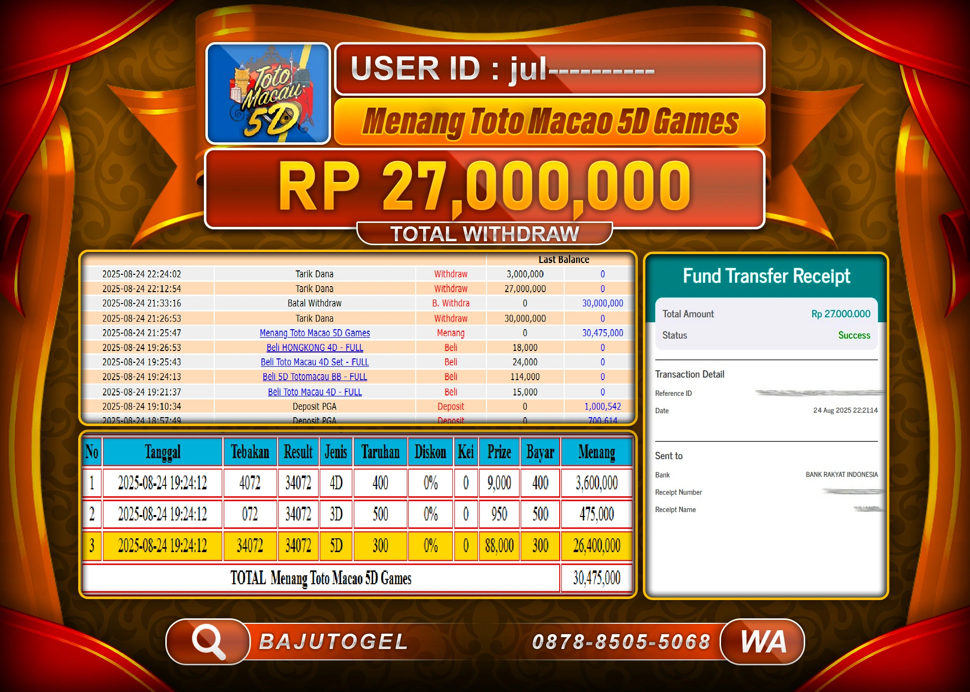 BAJUTOGEL KEMENANGAN TOGEL TOTO MACAU 5 D  Rp.27.000.000 LUNAS
