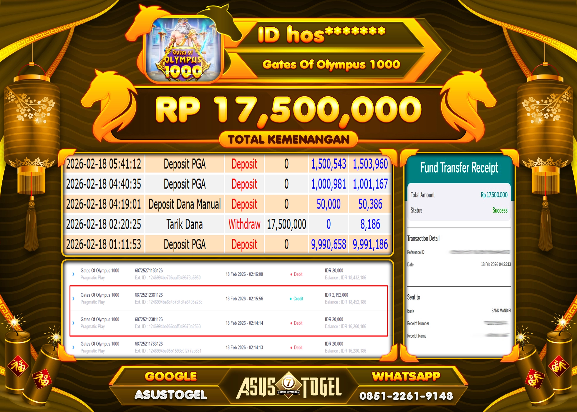 ASUSTOGEL KEMENANGAN DI SLOT GATES OF OLYMPUS 1000 SEBESAR 17,500,000 - RUPIAH LUNAS