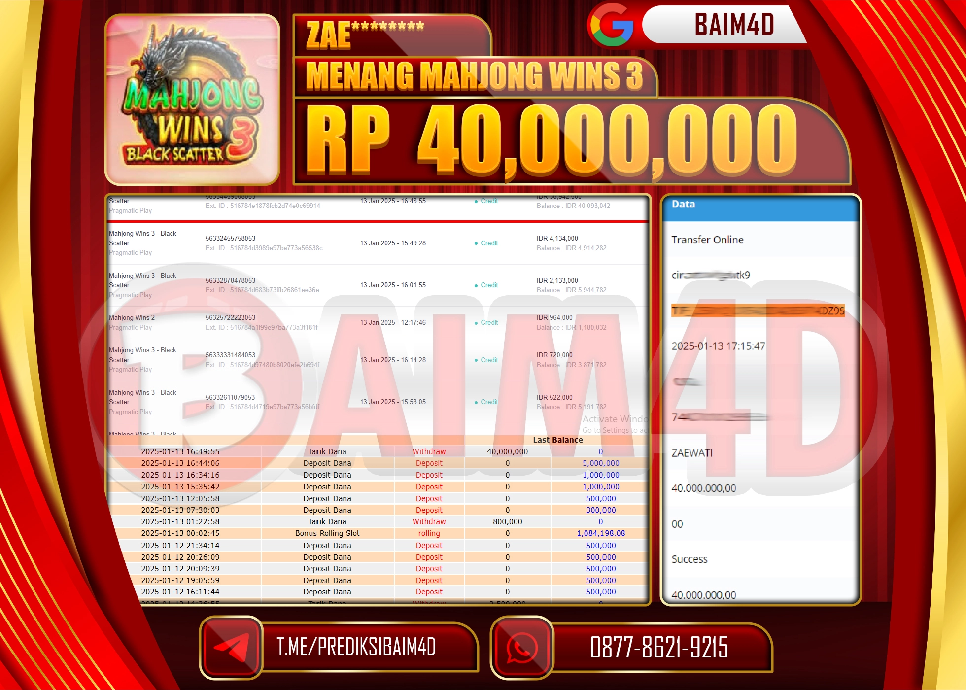 BAIM4D JACKPOT Menang Mahjong Wins 3  Rp.40,000,000.- LUNAS