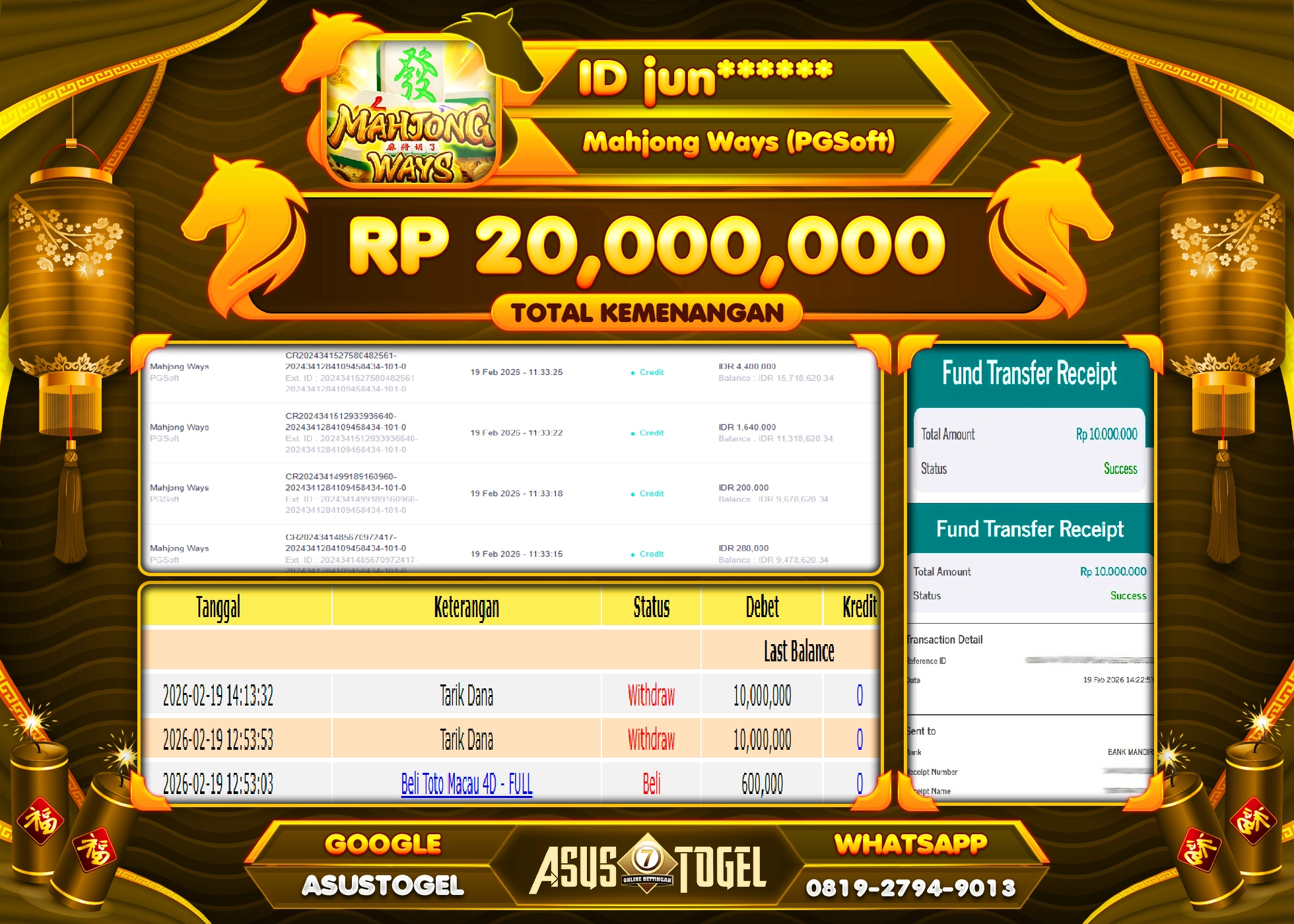 ASUSTOGEL KEMENANGAN DI SLOT MAHJONG WAYS SEBESAR 20,000,000 - RUPIAH LUNAS