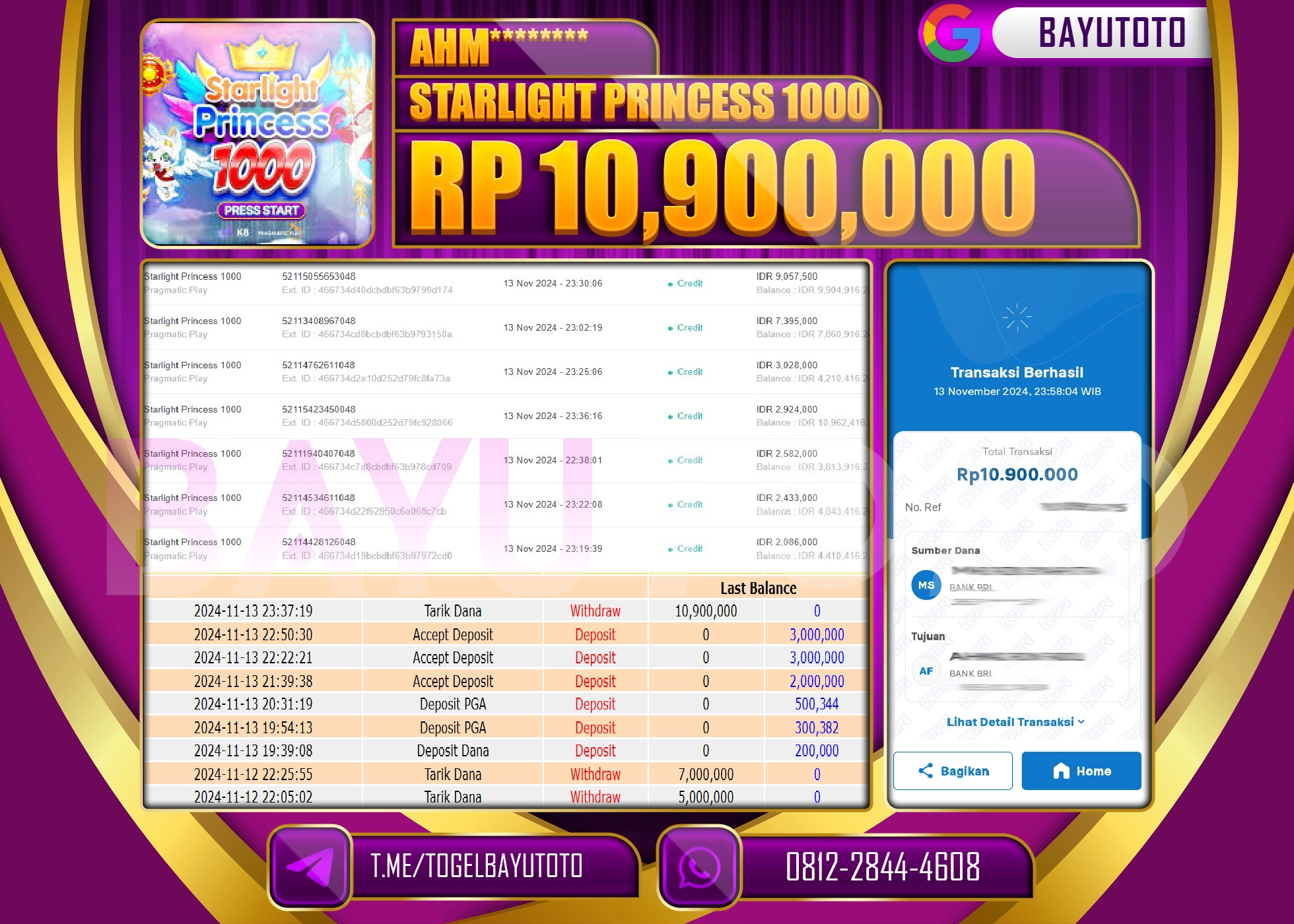 BAYUTOTO JACKPOT  DI GAME STARLIGHT PRINCESS  1000 Rp.10.900.000 LUNAS