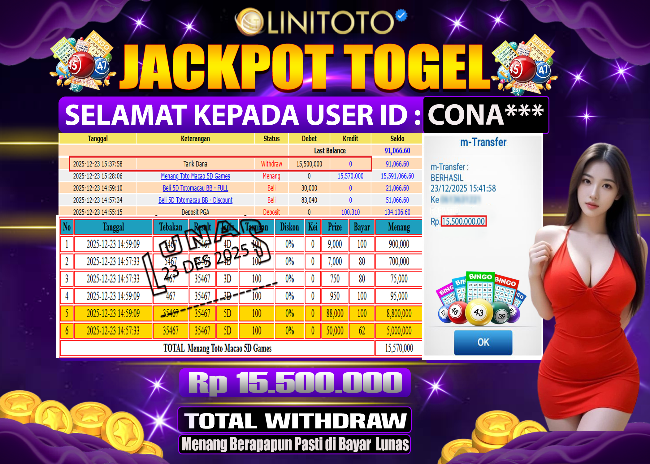 LINITOTO JACKPOT TOGEL TOTO MACAU 5D.15,500,000 - LUNAS