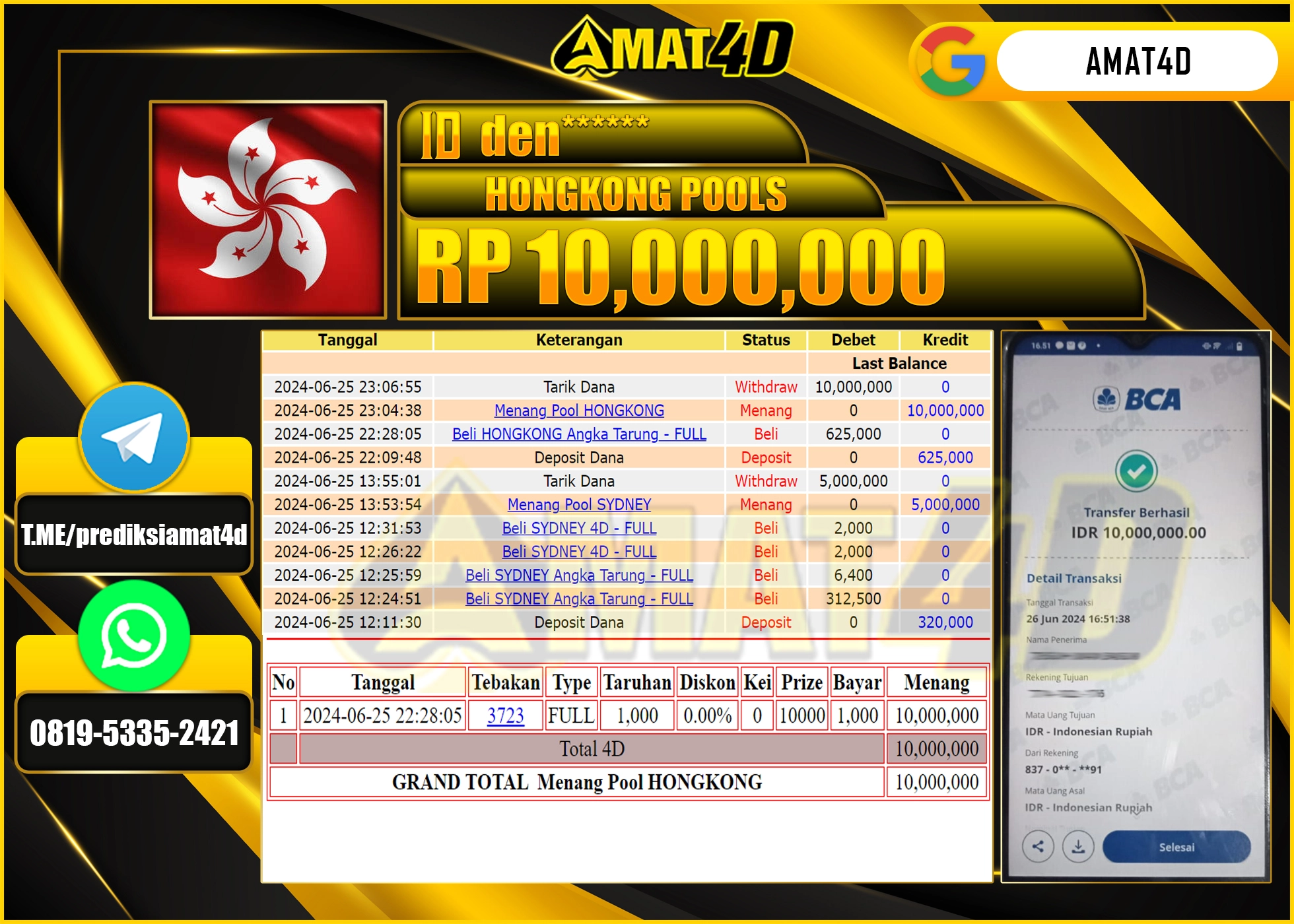 AMAT4D KEMENANGAN PASARAN HONGKONG POOLS Rp.10.000.000 BERHASIL TERBAYAR LUNAS