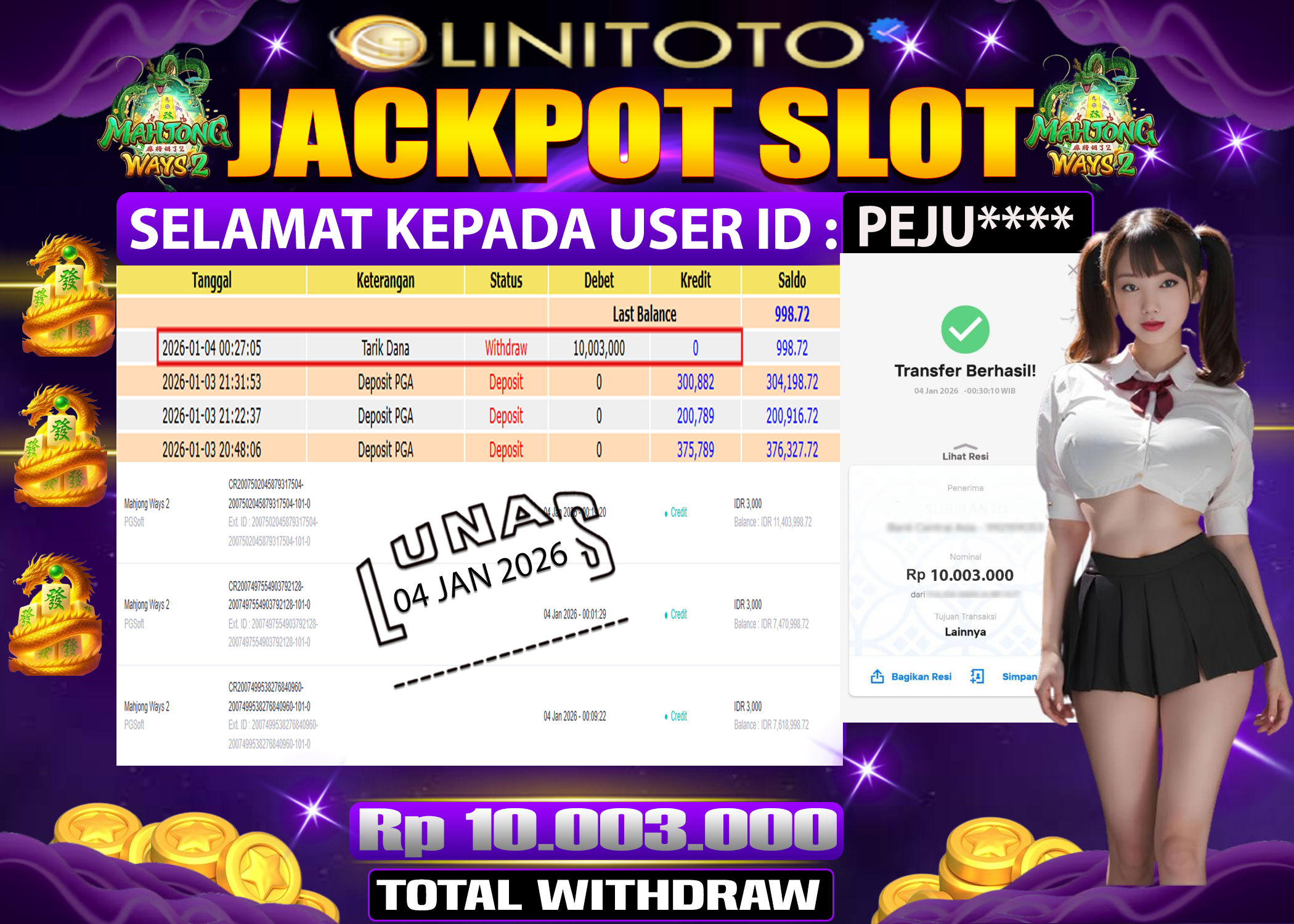 LINITOTO JACKPOT SLOT Mahjong Ways 2 Rp.10,003,000 - LUNAS