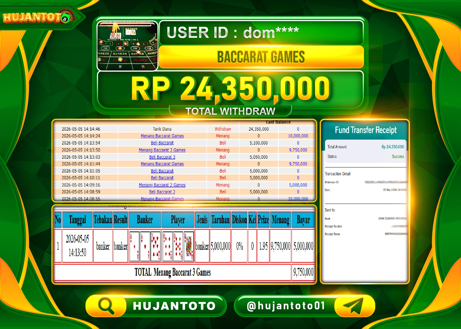 HUJANTOTO - BUKTI JACKPOT MENANG LIVE GAME BACCARAT GAMES Rp.24,350,000 - TERBAYAR LUNAS