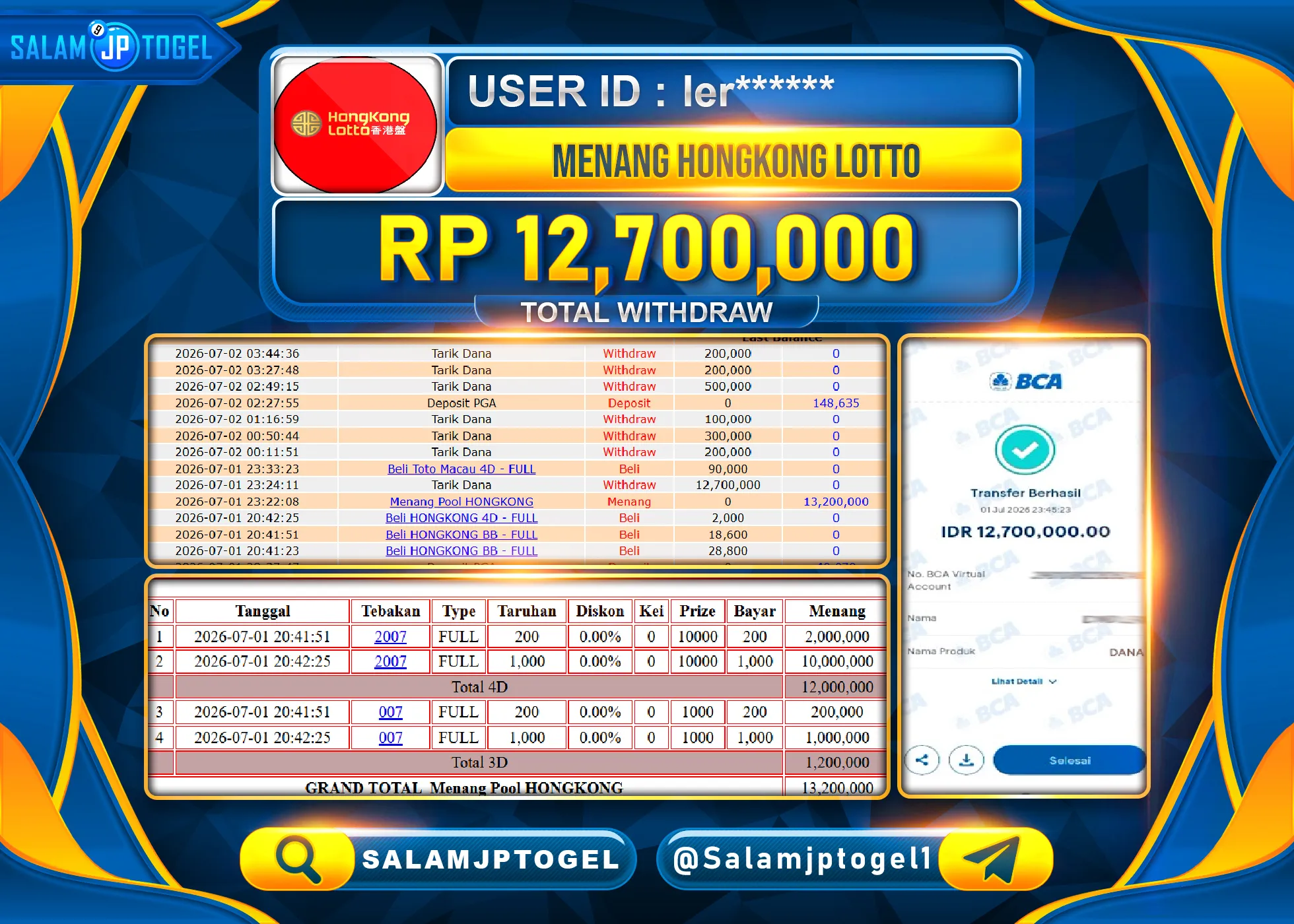 SALAMJPTOGEL JACKPOT MENANG TOGEL JACKPOT GACOR HONGKONG LOTTO Rp.12,700,000 - LUNAS
