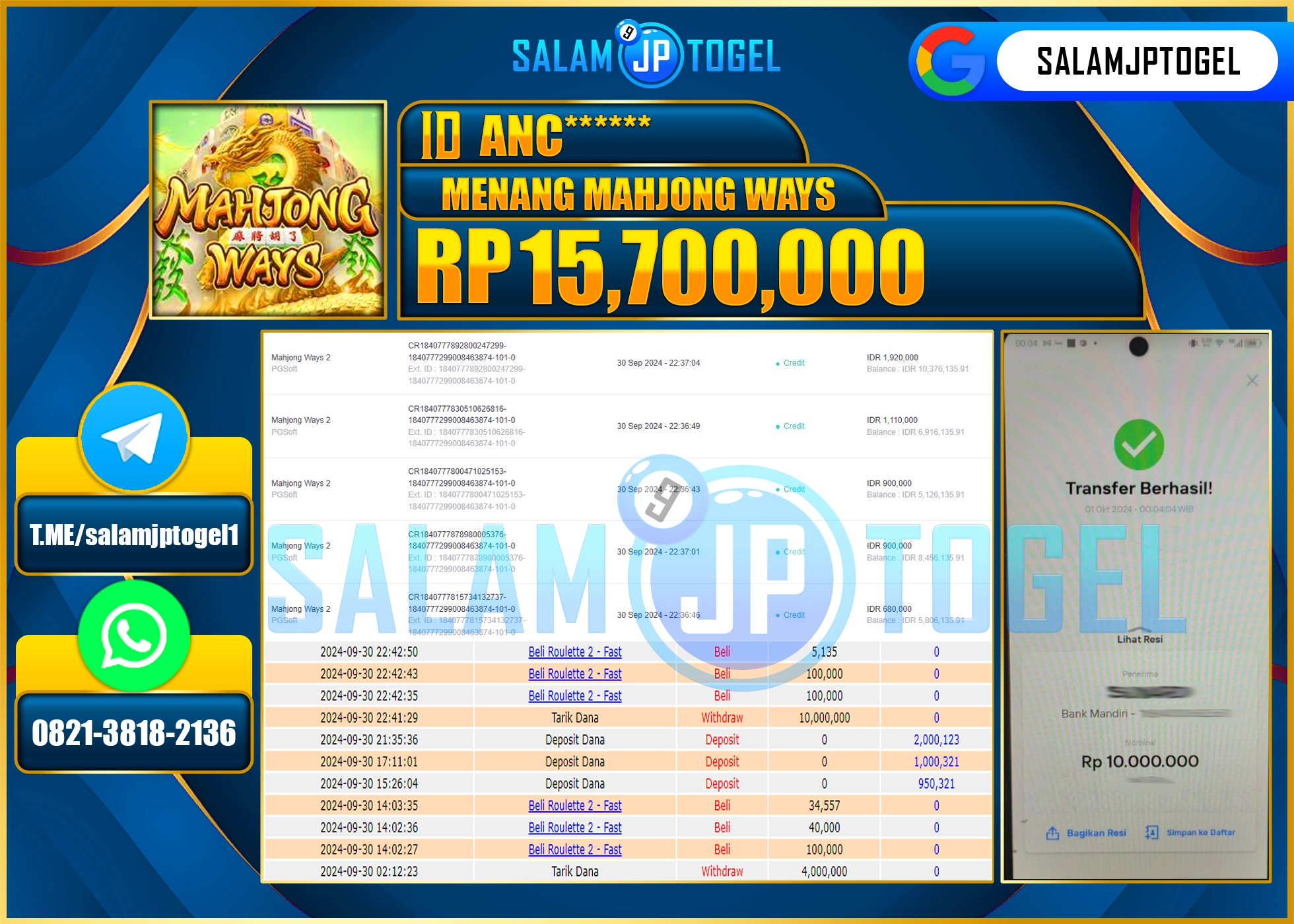 SALAMJPTOGEL MENANG SLOT MAHJONG WAYS 2  RP. 15,700,000 LUNAS
