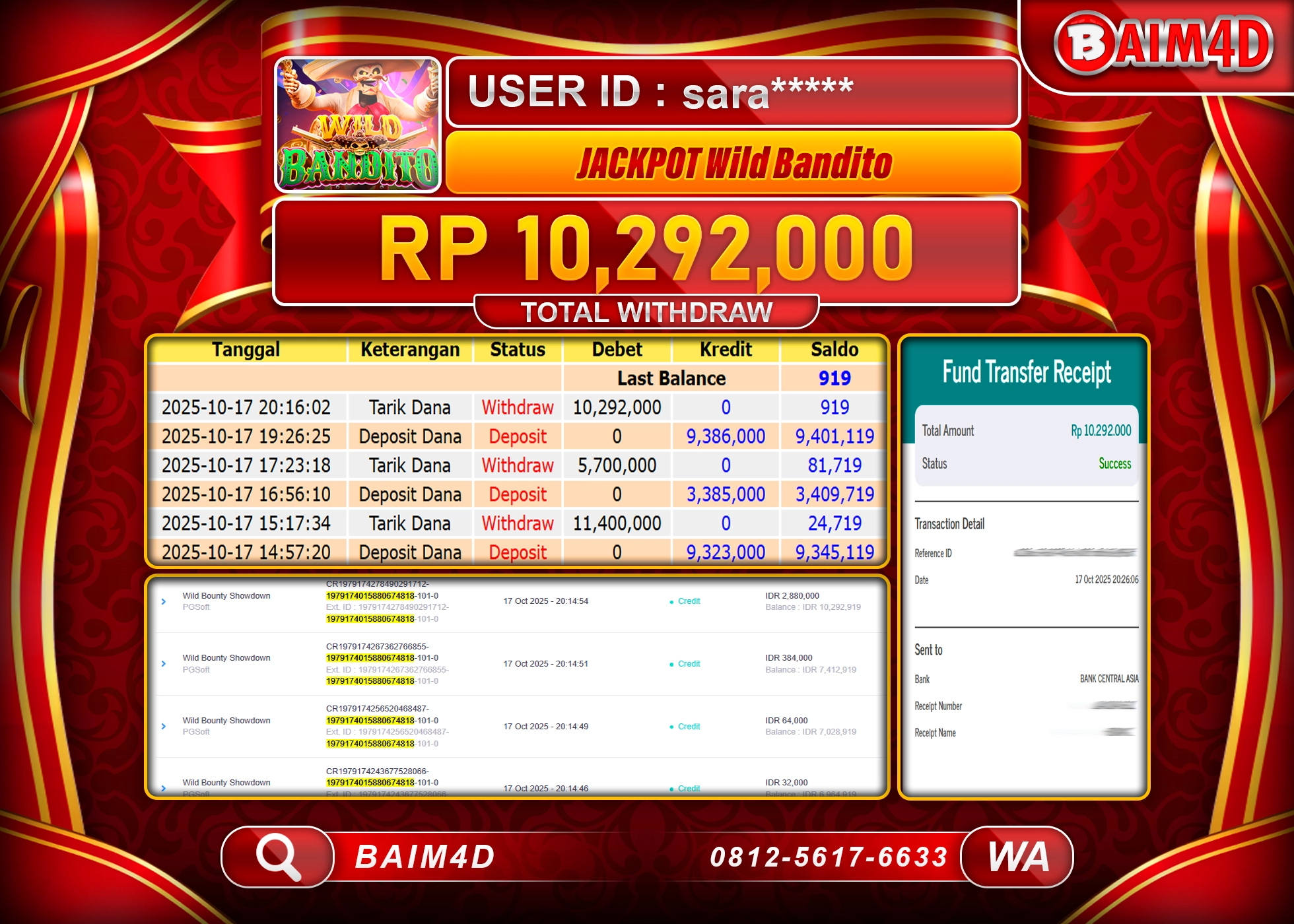 BAIM4D JACKPOT SLOT WILD BANDITO PG SOFT Rp.10,292,000.- LUNAS