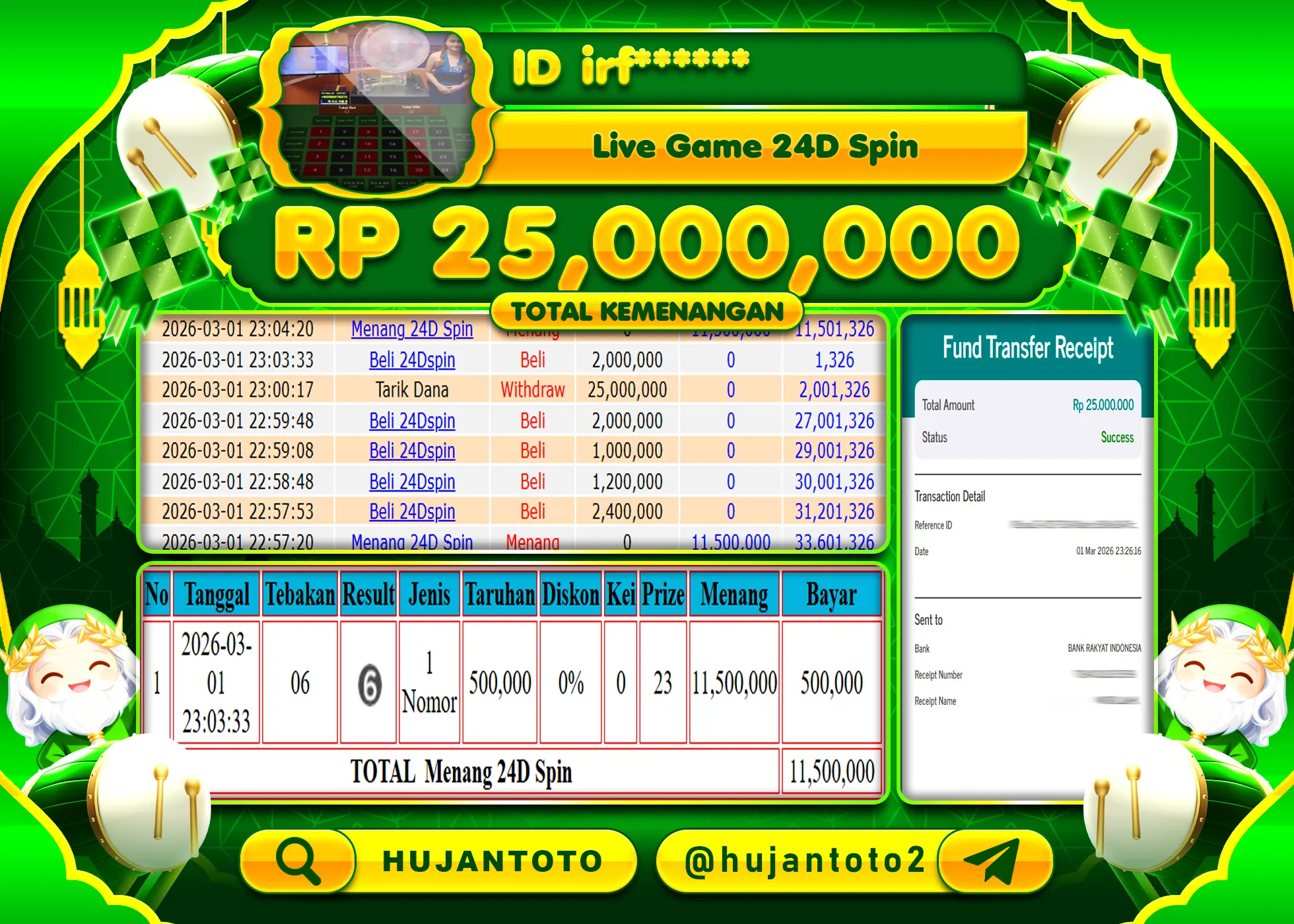 HUJANTOTO - BUKTI JACKPOT MENANG LIVE GAME 24D SPIN Rp.25,000,000 - TERBAYAR LUNAS