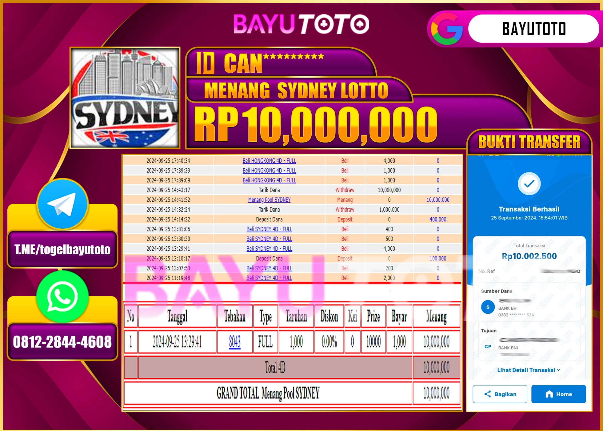 BAYUTOTO MENANG TOGEL SYDNEY LOTTO 10.000.000 - LUNAS
