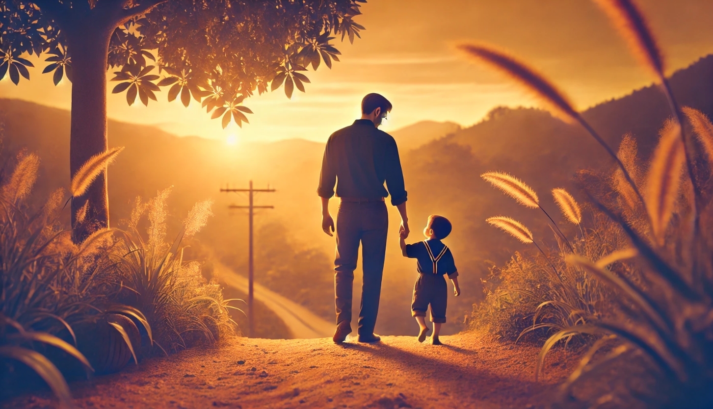 Imagen creada con Inteligencia Artificial, padre paseando con su hijo por el campo. Fuente: DALL-E