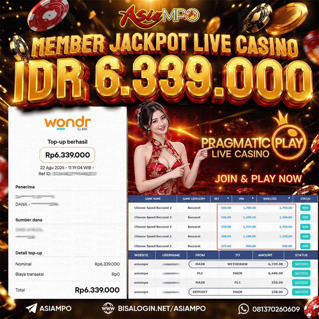 MEMBER JACKPOT PRAGMATIC PLAY LIVE CASINO IDR 6.339.000