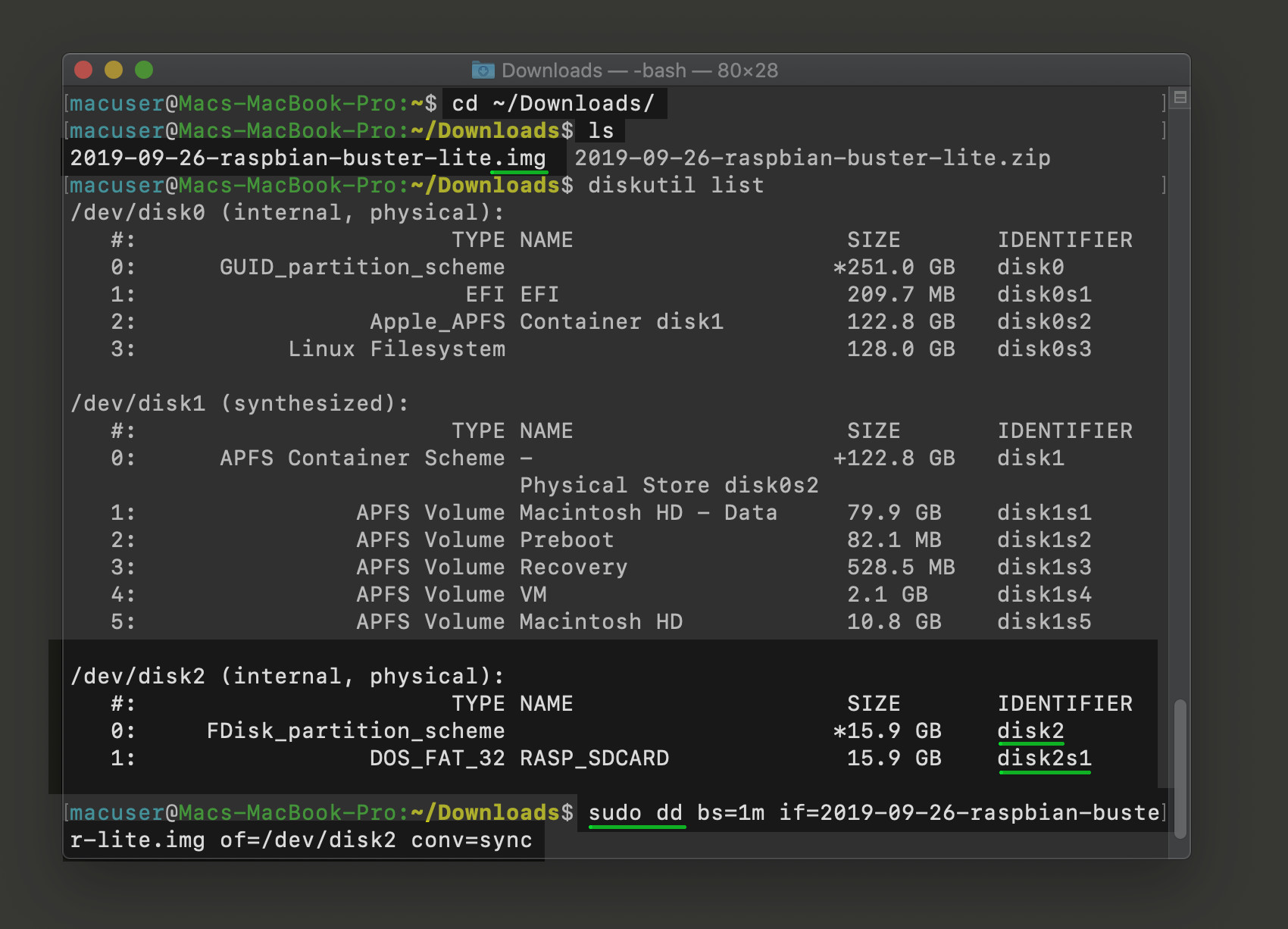 Screenshot of UNIX terminal writing Raspbian image to SD card