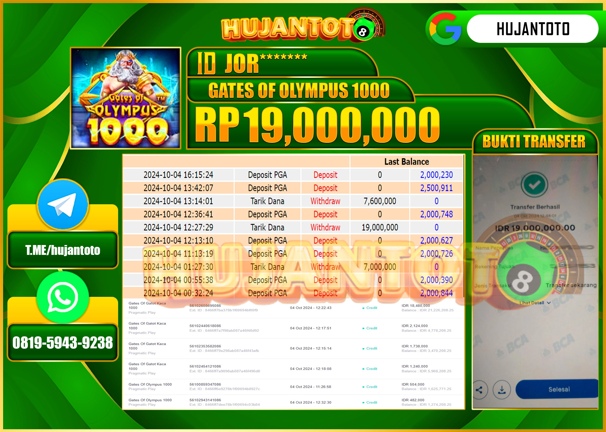 HUJANTOTO MENANG BESAR DI PERMAINAN SLOT GATES OF OLYMPUS 1000  - 19.000,000 - LUNAS 