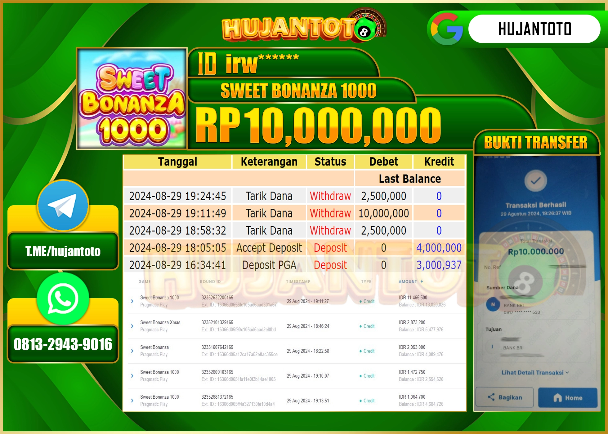 HUJANTOTO MENANG BESAR DI PERMAINAN SLOT   SWEET BONANZA 1000,   10.000.000 - LUNAS 