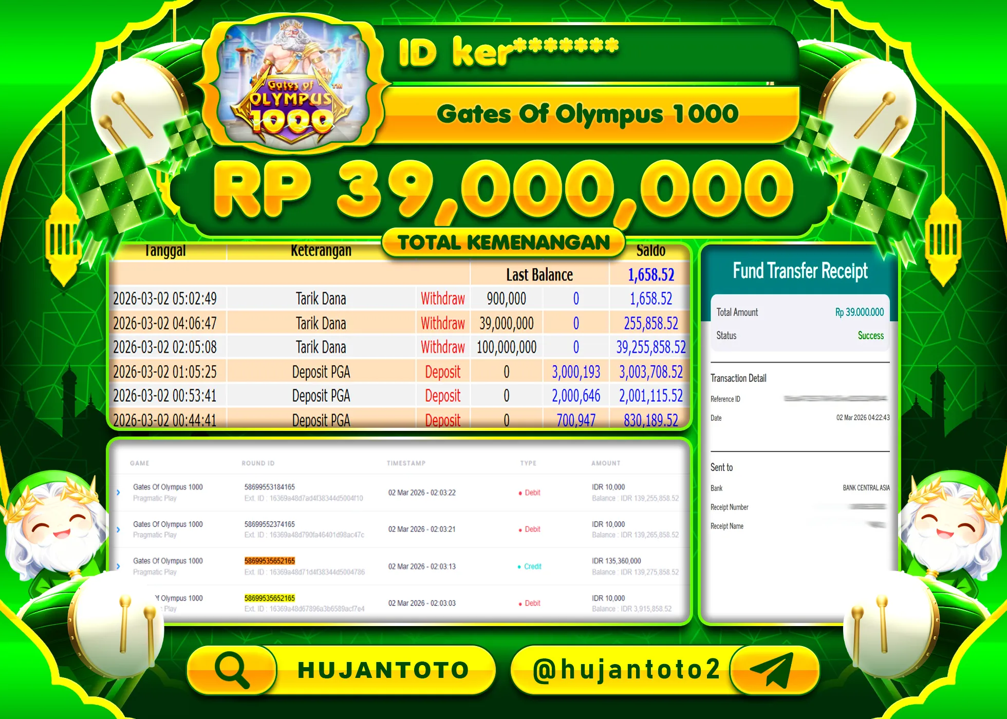 HUJANTOTO - BUKTI JACKPOT MENANG SLOT GATES OF OLYMPUS 1000 Rp.39,000,000 - TERBAYAR LUNAS