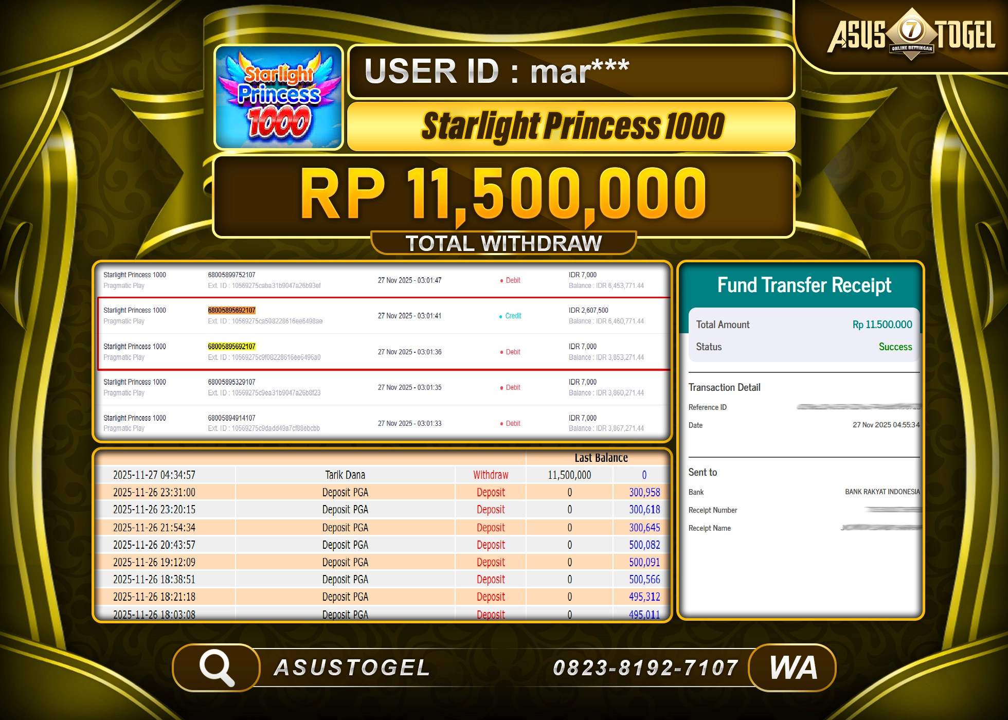ASUSTOGEL KEMENANGAN DI SLOT STARLIGHT PRINCESS 1000 SEBESAR 11,500,000 - RUPIAH LUNAS