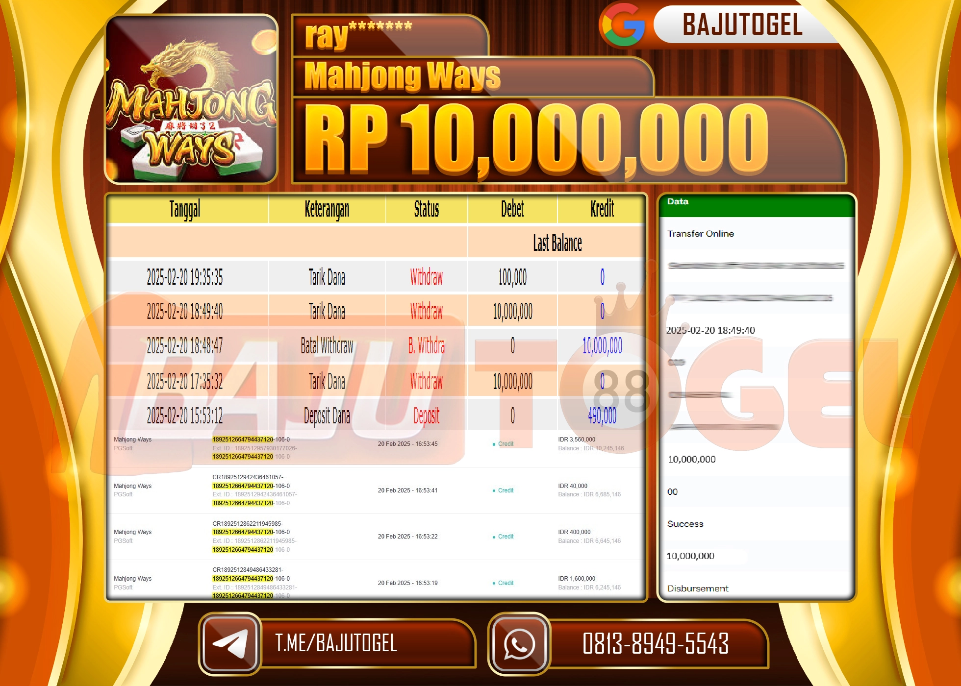 BAJUTOGEL KEMENANGAN MAHJONG WAYS Rp.10.000.000 LUNAS