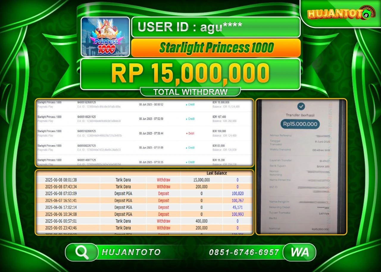 HUJANTOTO - BUKTI JACKPOT MENANG SLOT STARLIGHT PRINCESS Rp.15,000,000 - TERBAYAR LUNAS