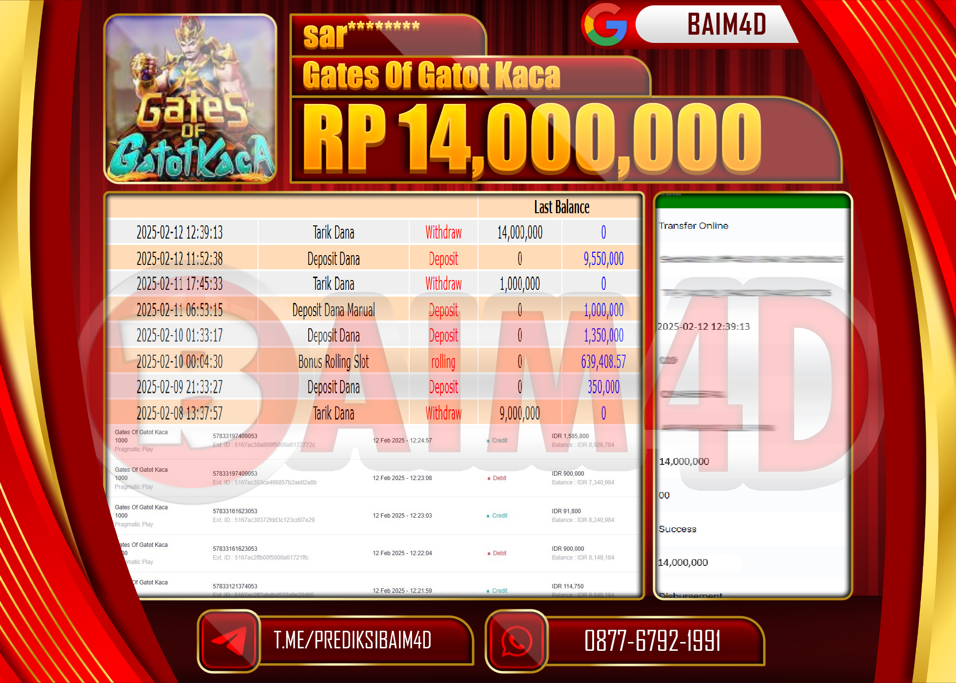BAIM4D MENANG  MENANG SLOTT GARES OF GATOT KACA   Rp.14.000,000.