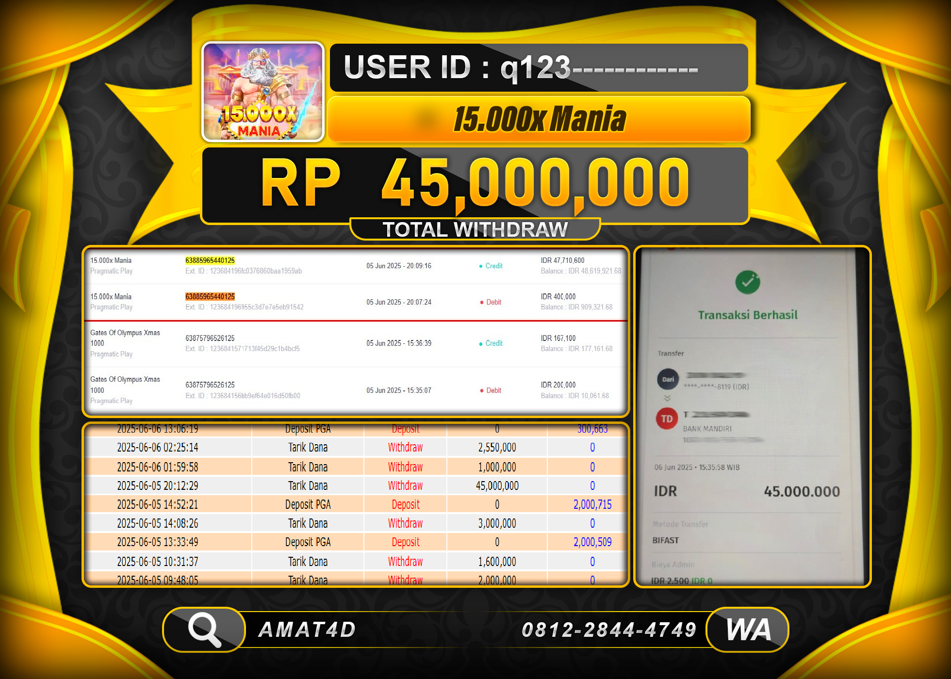 AMAT4D KEMENANGAN 15.000 X MANIA  Rp.45.000.000 BERHASIL TERBAYAR LUNAS