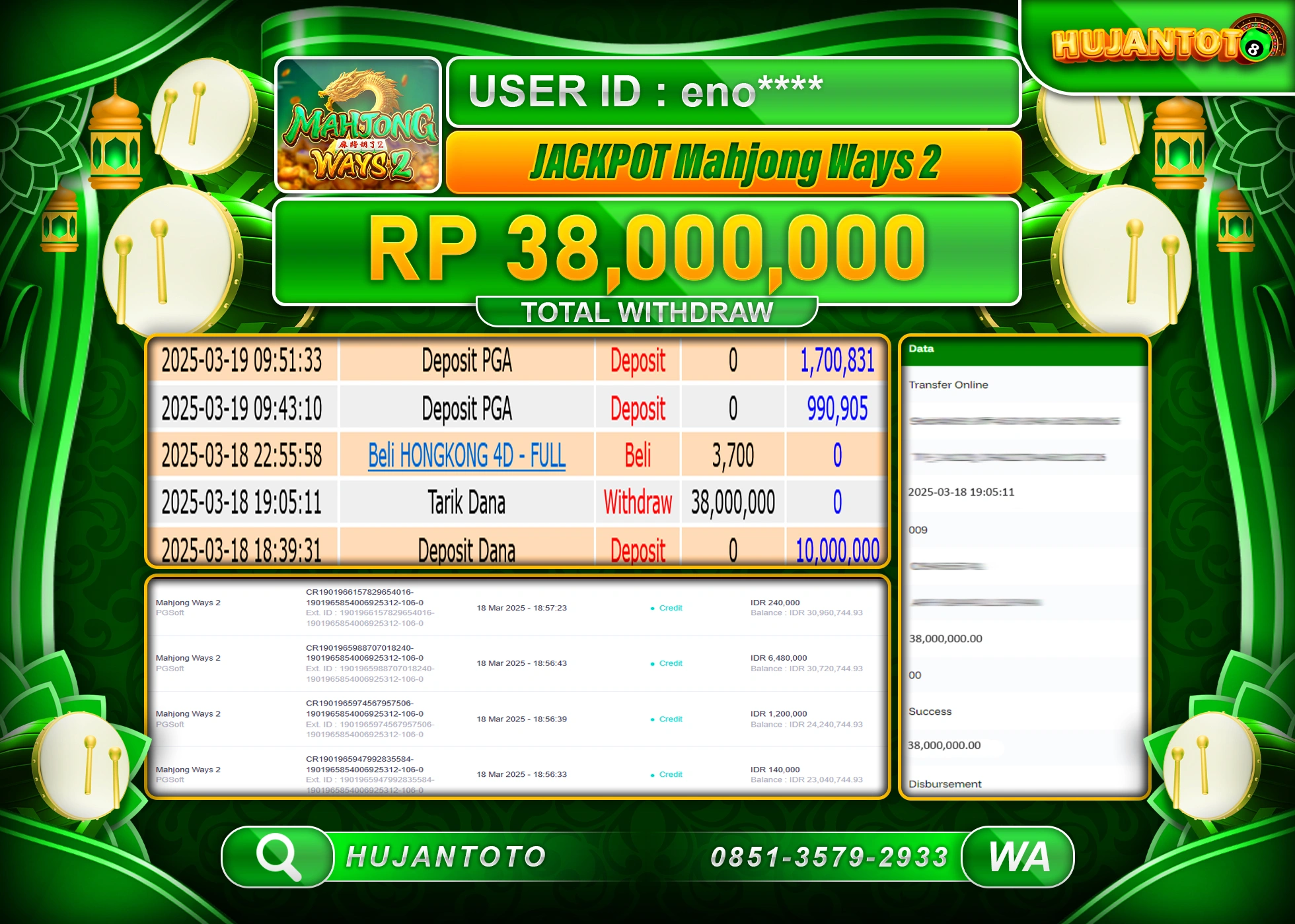 HUJANTOTO - BUKTI JACKPOT MENANG SLOT MAHJONG WAYS 2 Rp,38,000,000 - TERBAYAR LUNAS
