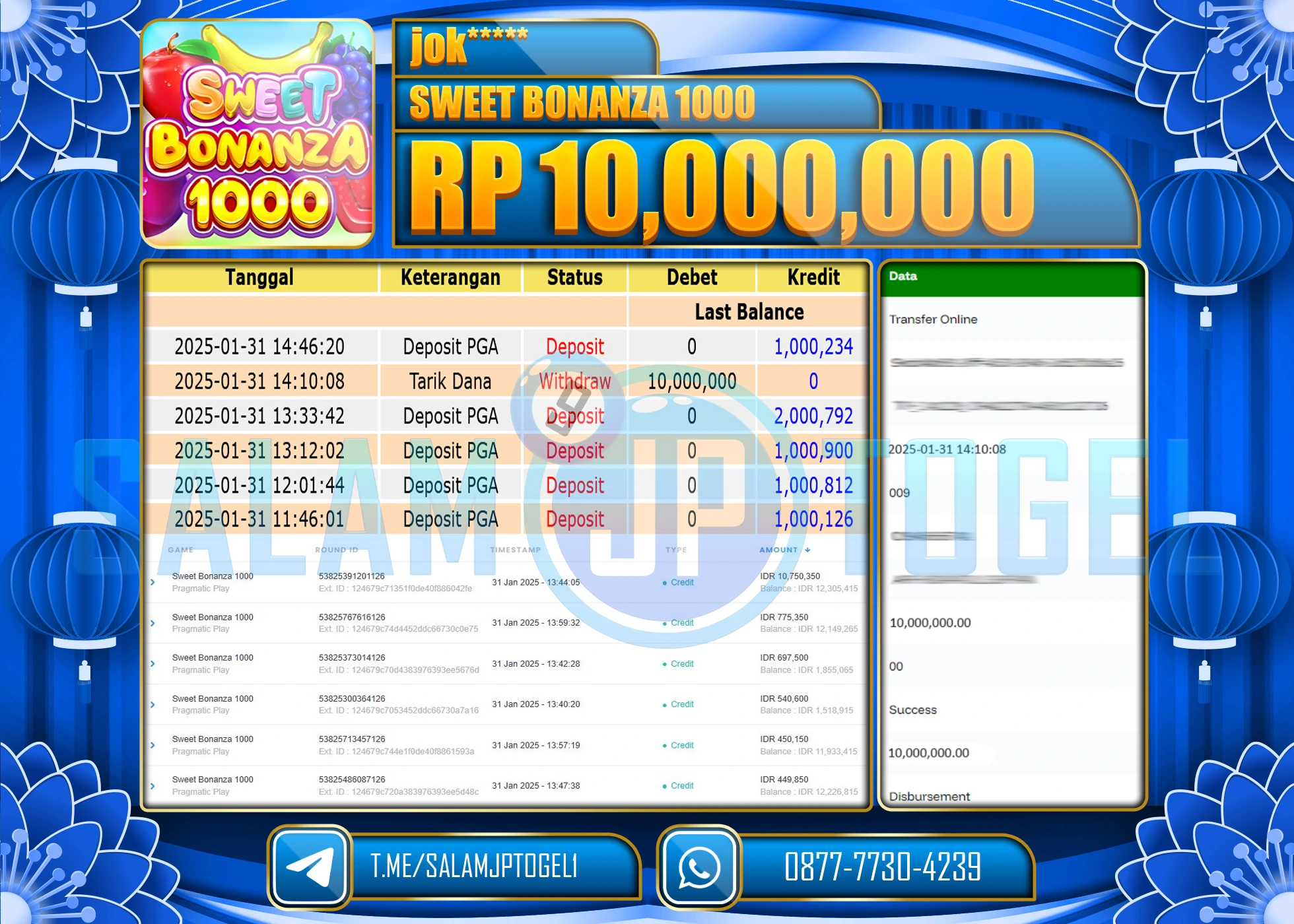SALAMJPTOGEL MENANG SWEET BONANZA 1000  Rp.10,000,000 LUNAS