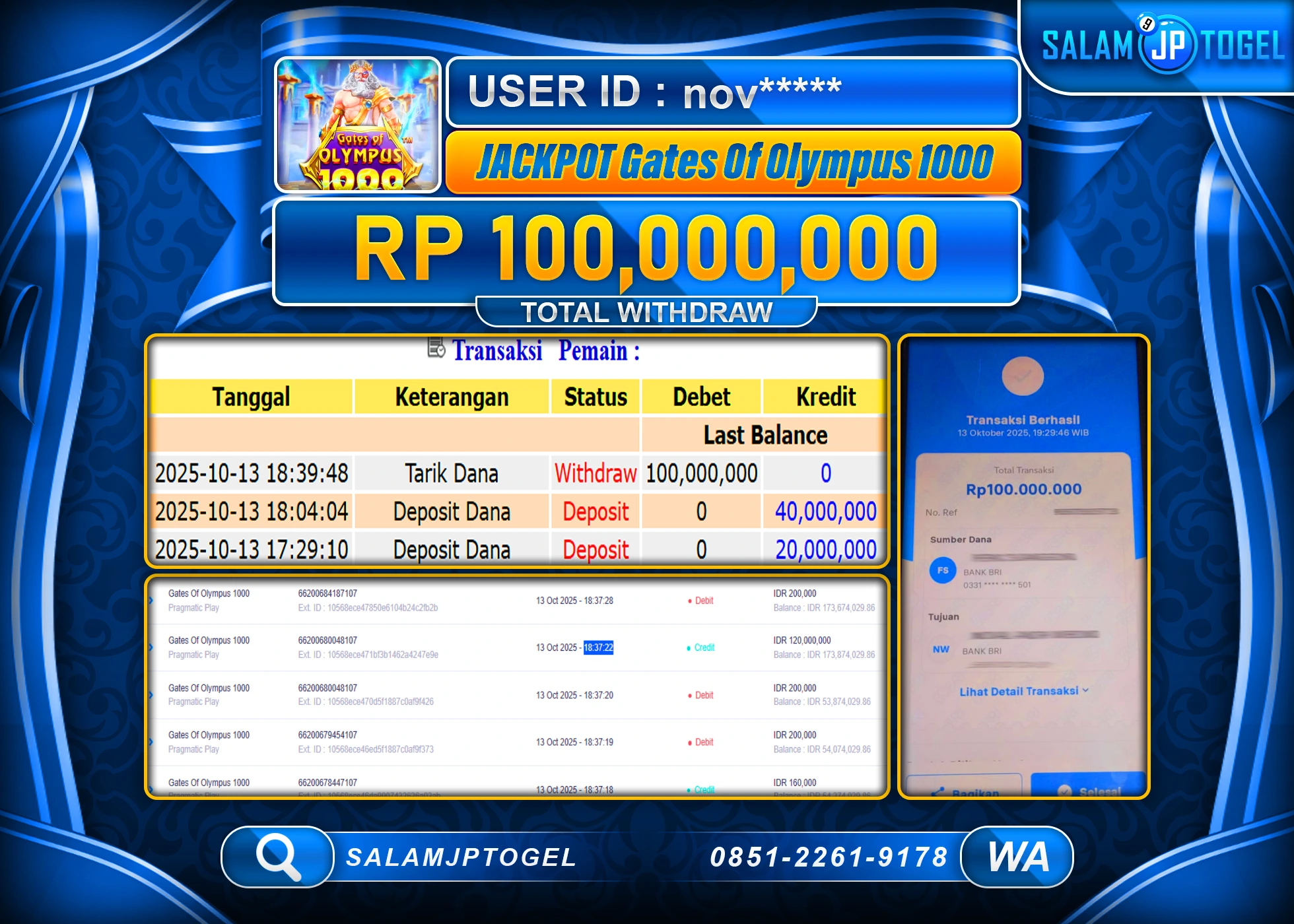 SALAMJPTOGEL MENANG GATES OF OLYMPUS 1000 Rp.100,000,000  - LUNAS