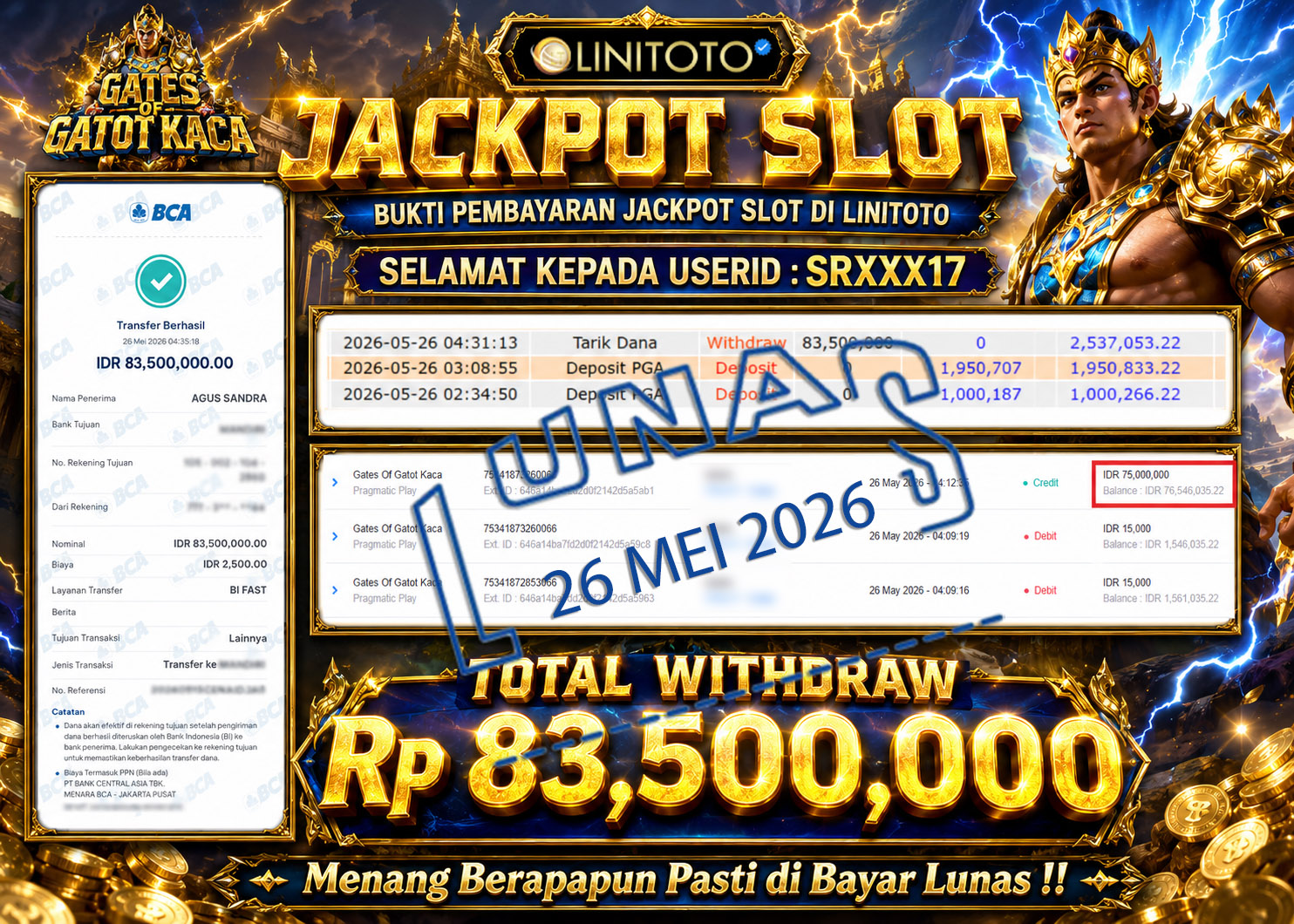 LINITOTO JACKPOT SLOT Gates Of Gatot Kaca Rp.83,500,000 - LUNAS