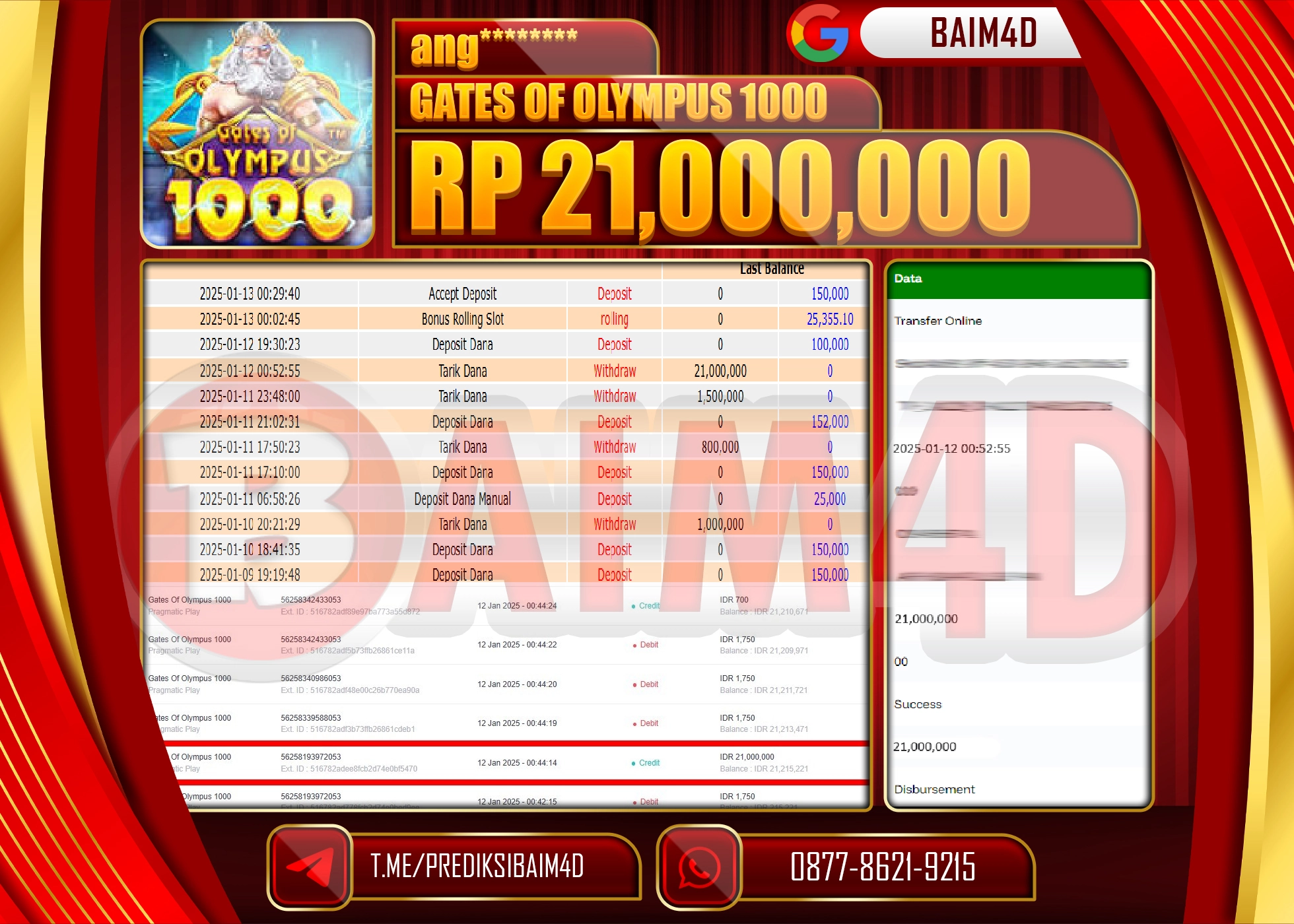 BAIM4D JACKPOT Menang Gates Of Olympus 1000 Rp.21,000,000.- LUNAS