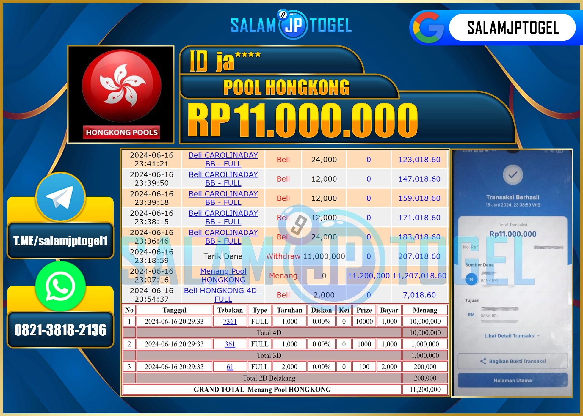SALAMJPTOGEL MENANG POOL HONGKONG RP. 11,000,000.,LUNAS