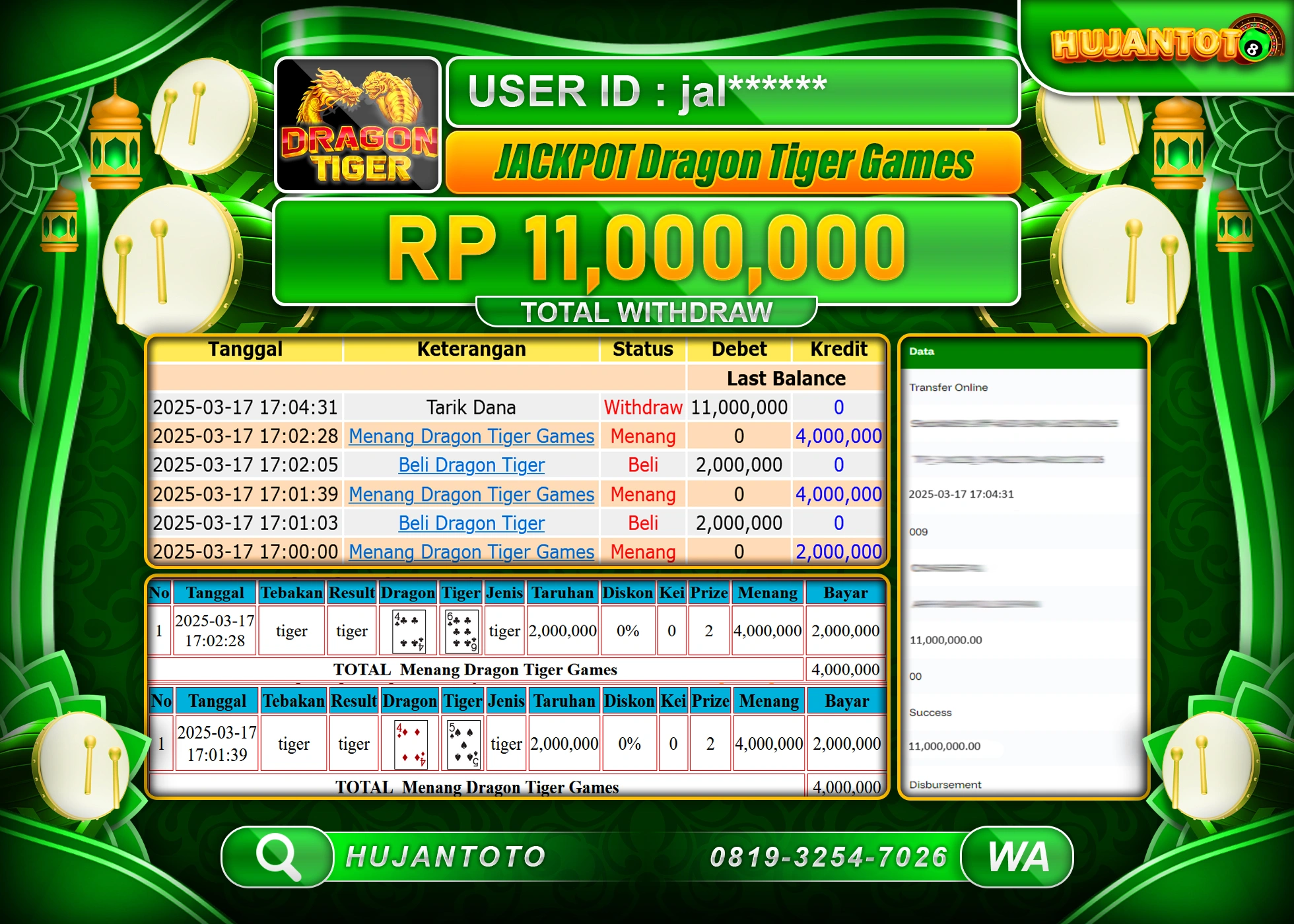 HUJANTOTO - BUKTI JACKPOT MENANG SLOT DRAGON TIGER GAMES  Rp,11,000,000  - TERBAYAR LUNAS 
