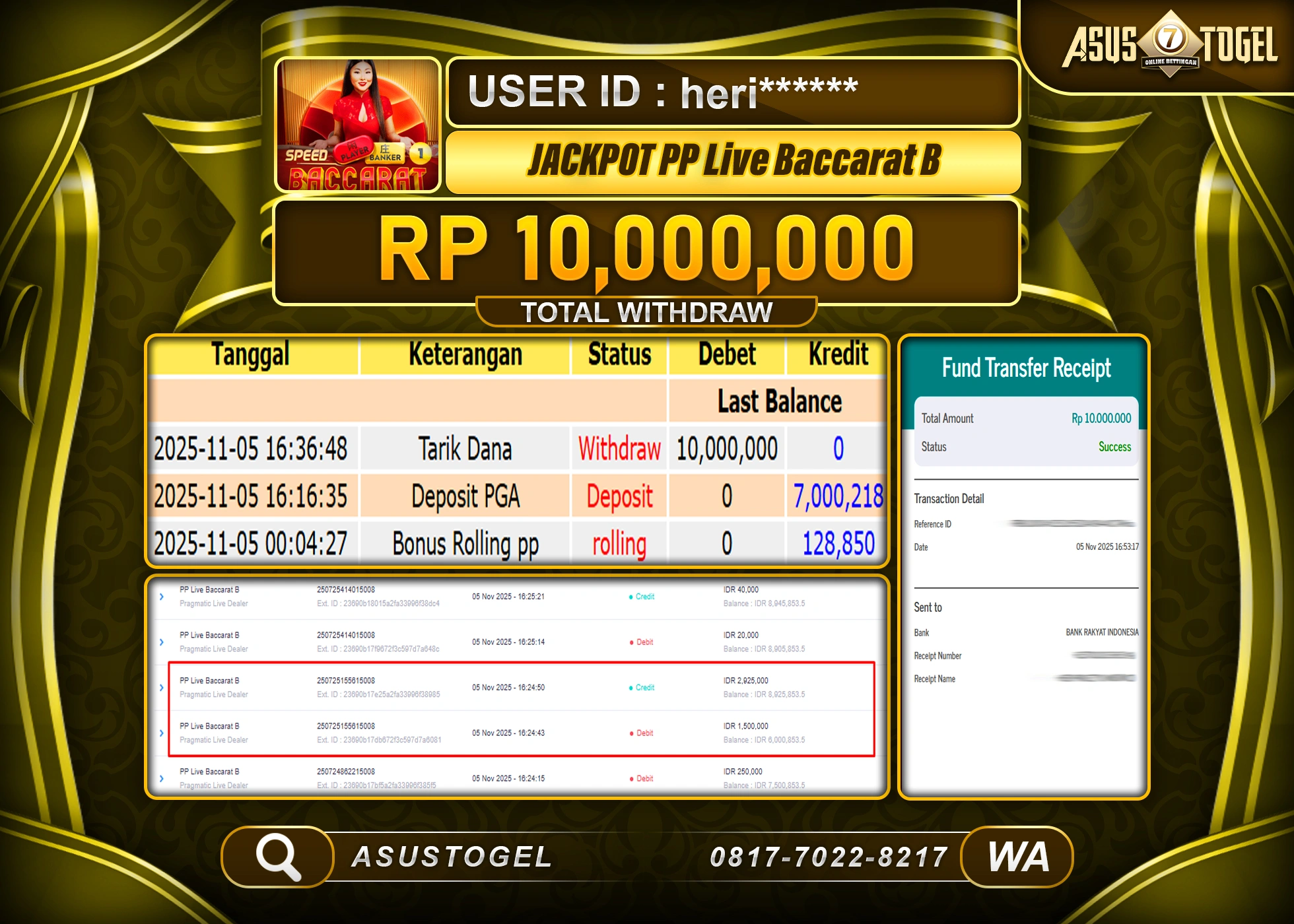 ASUSTOGEL KEMENANGAN DI PP LIVE BACARRAT B GAMES SEBESAR 10,000,000 - RUPIAH LUNAS