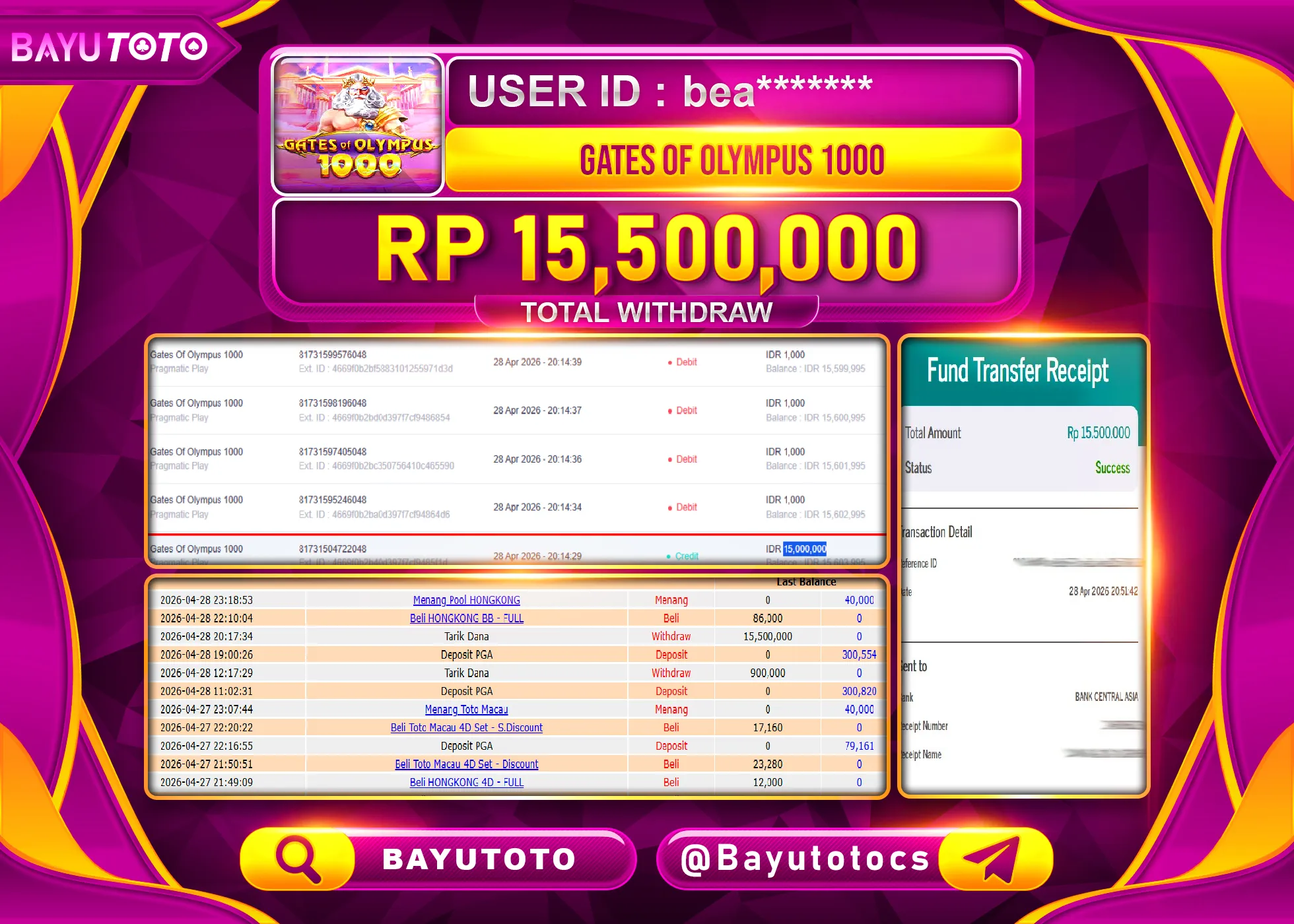 SELAMAT MEMBER SETIA BAYUTOTO JACKPOT DI SLOT GATES OF OLYMPUS 1000 Rp. 15,500,000 LUNAS