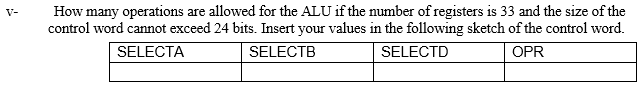 v How many operations are allowed for the ALU if the number of registers is 33 and the size of the control word cannot exceed