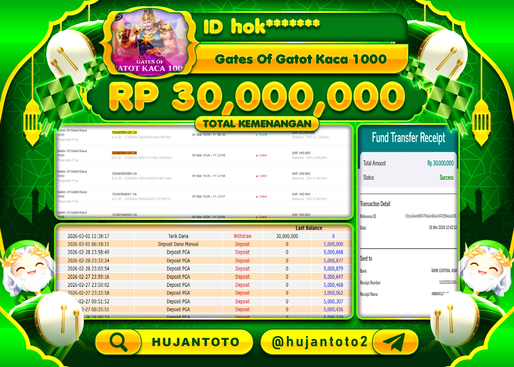 HUJANTOTO - BUKTI JACKPOT MENANG SLOT GATES  OF GATOT KACA 1000 Rp.30,000,000 - TERBAYAR LUNAS