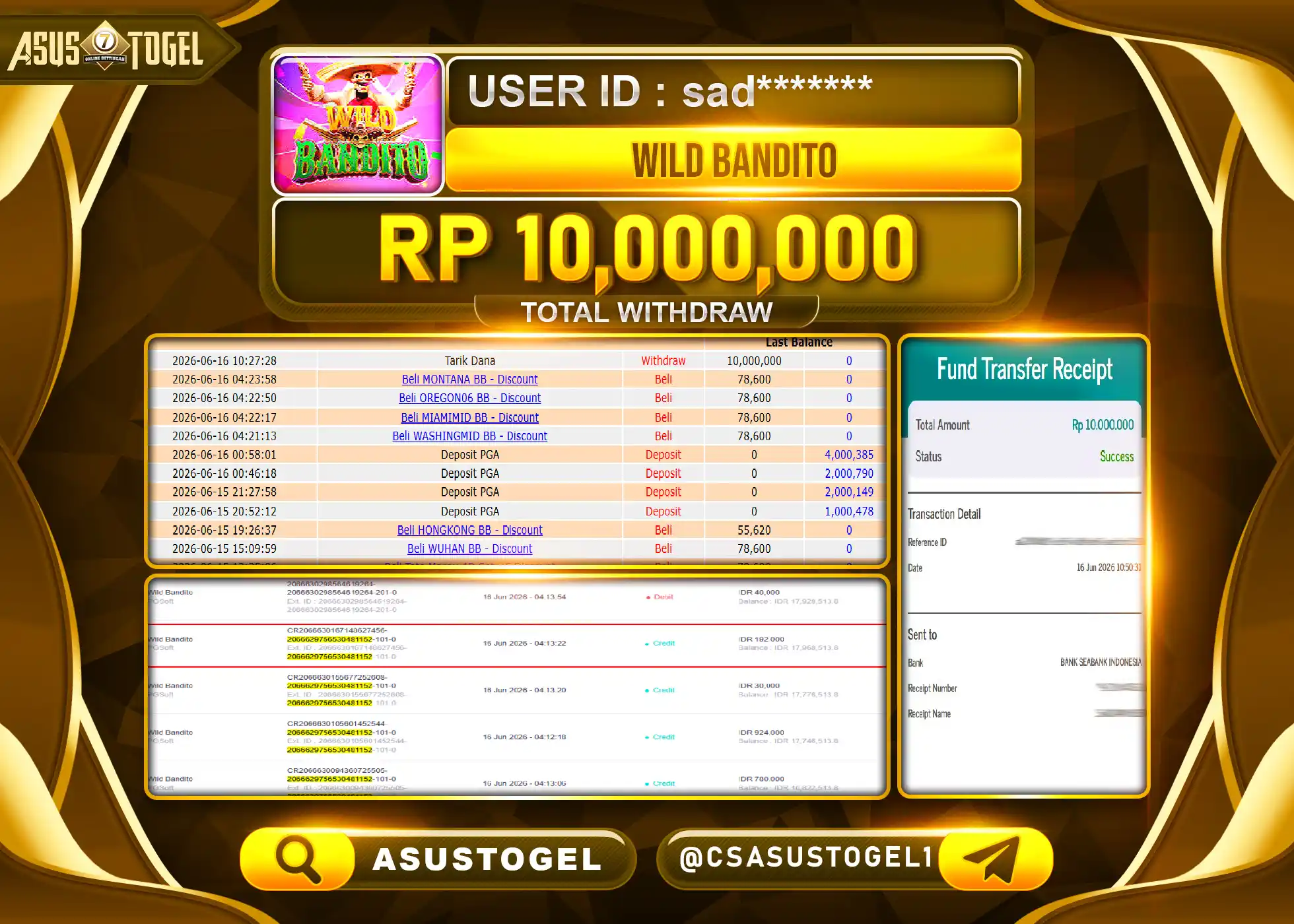 ASUSTOGEL KEMENANGAN JACKPOT PERMAINAN SLOT WILD BANDITO PGSOFT Rp.10,000,000 - RUPIAH LUNAS