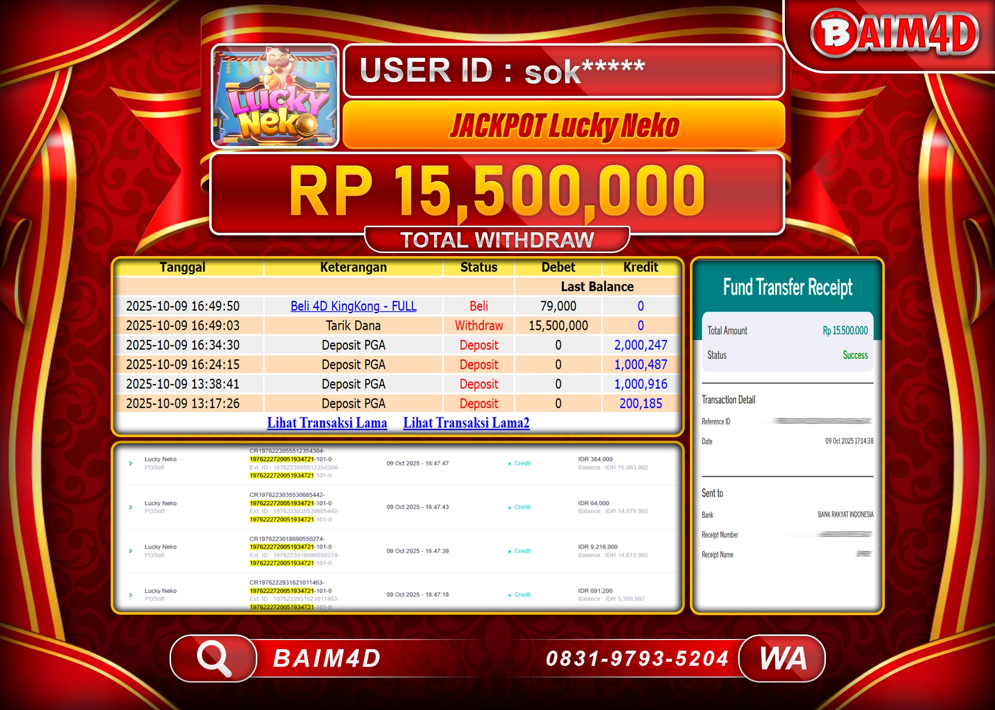 BAIM4D JACKPOT SLOT LUCKY NEKO PG SOFT Rp.15,500,000.- LUNAS