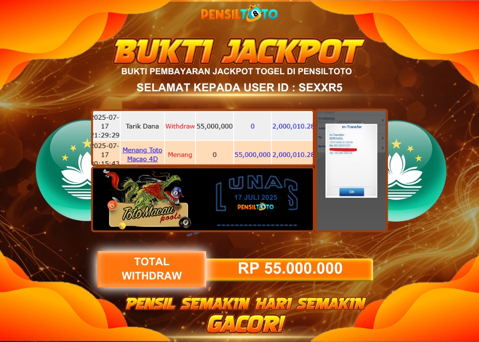PENSILTOTO JACKPOT TOGEL TOTO MACAU 4D  Rp.55.000.000,- LUNAS