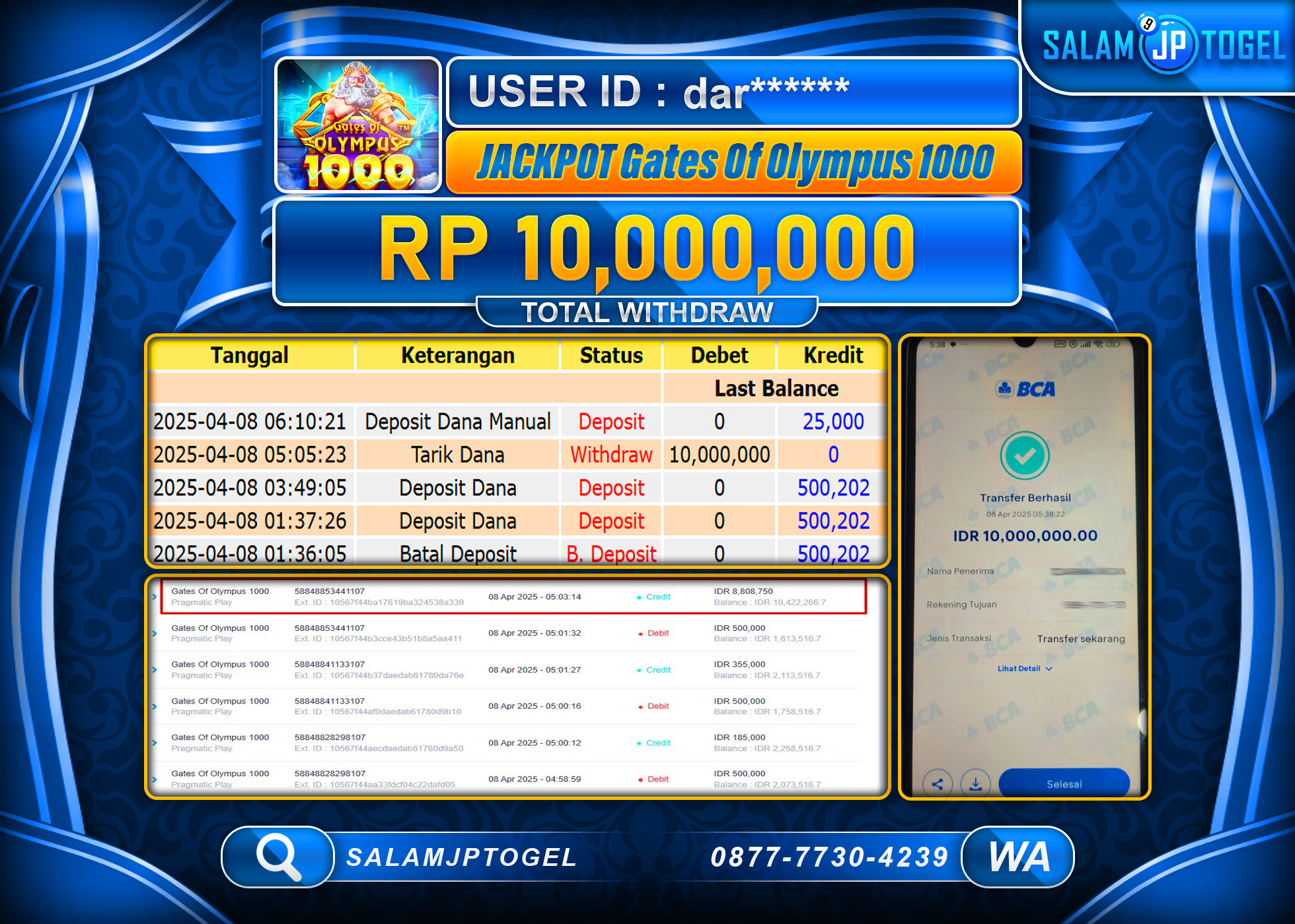 SALAMJPTOGEL MENANG GATES OF OLYMPUS 1000 Rp. 10,000,000 LUNAS
