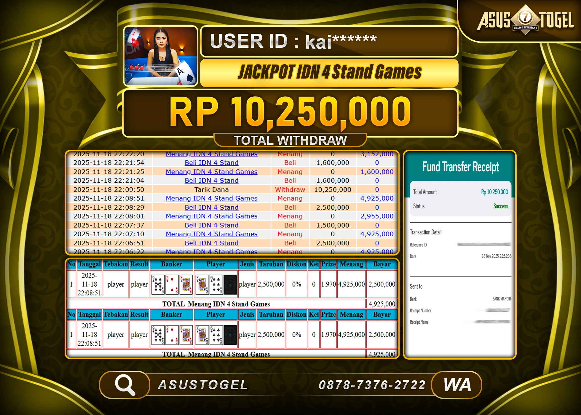 ASUSTOGEL KEMENANGAN DI LIVEGAME IDN 4 STAND GAMES SEBESAR 10,250,000 - RUPIAH LUNAS