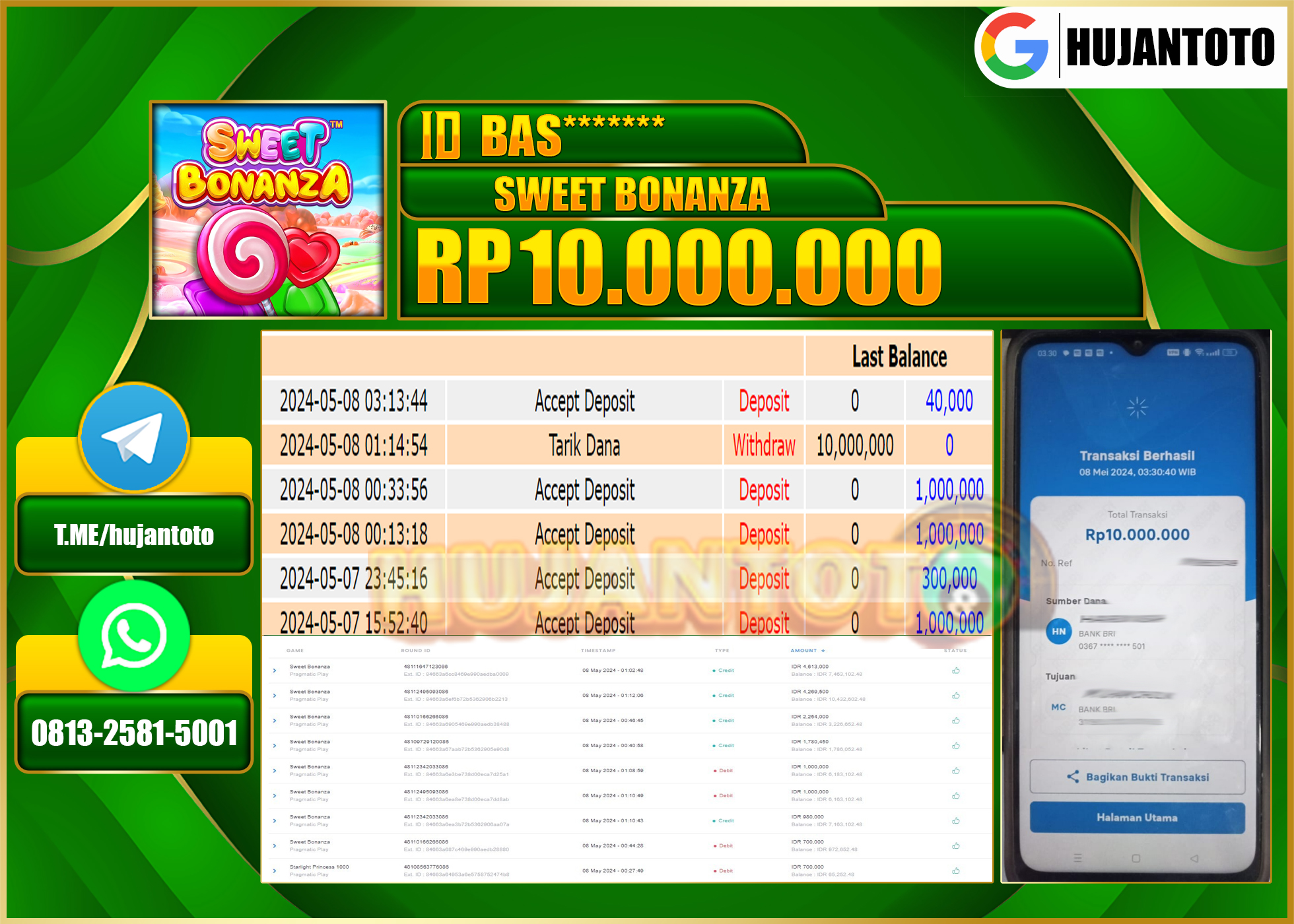 HUJANTOTO MENANG SLOT SWEET BONANZA 10,000,000 - LUNAS 
