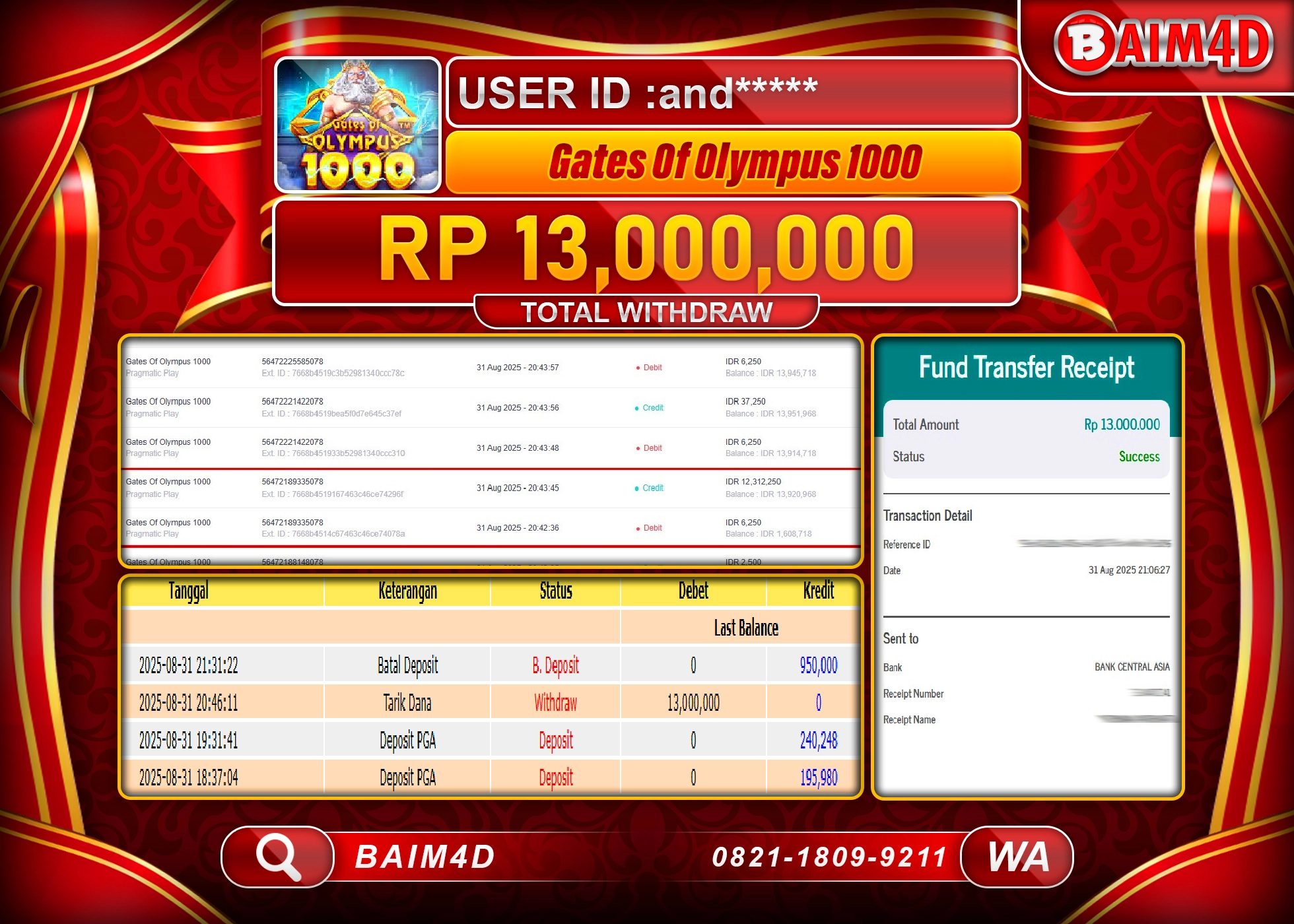 BAIM4D JACKPOT MENANG SLOT GATES OF OLYMPUS 1000 Rp.13,000,000.- LUNAS
