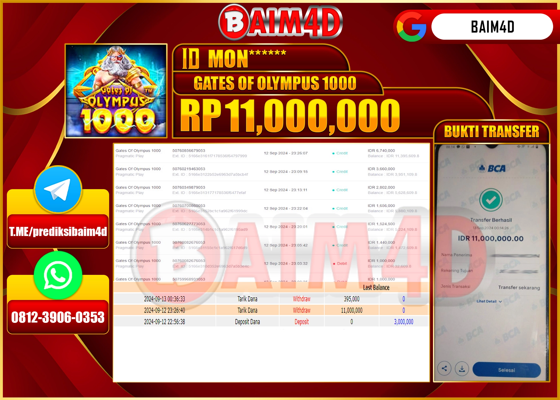 BAIM4D JACKPOT GATES OF OLYMPUS 1000 Rp.11.000,000.- LUNAS