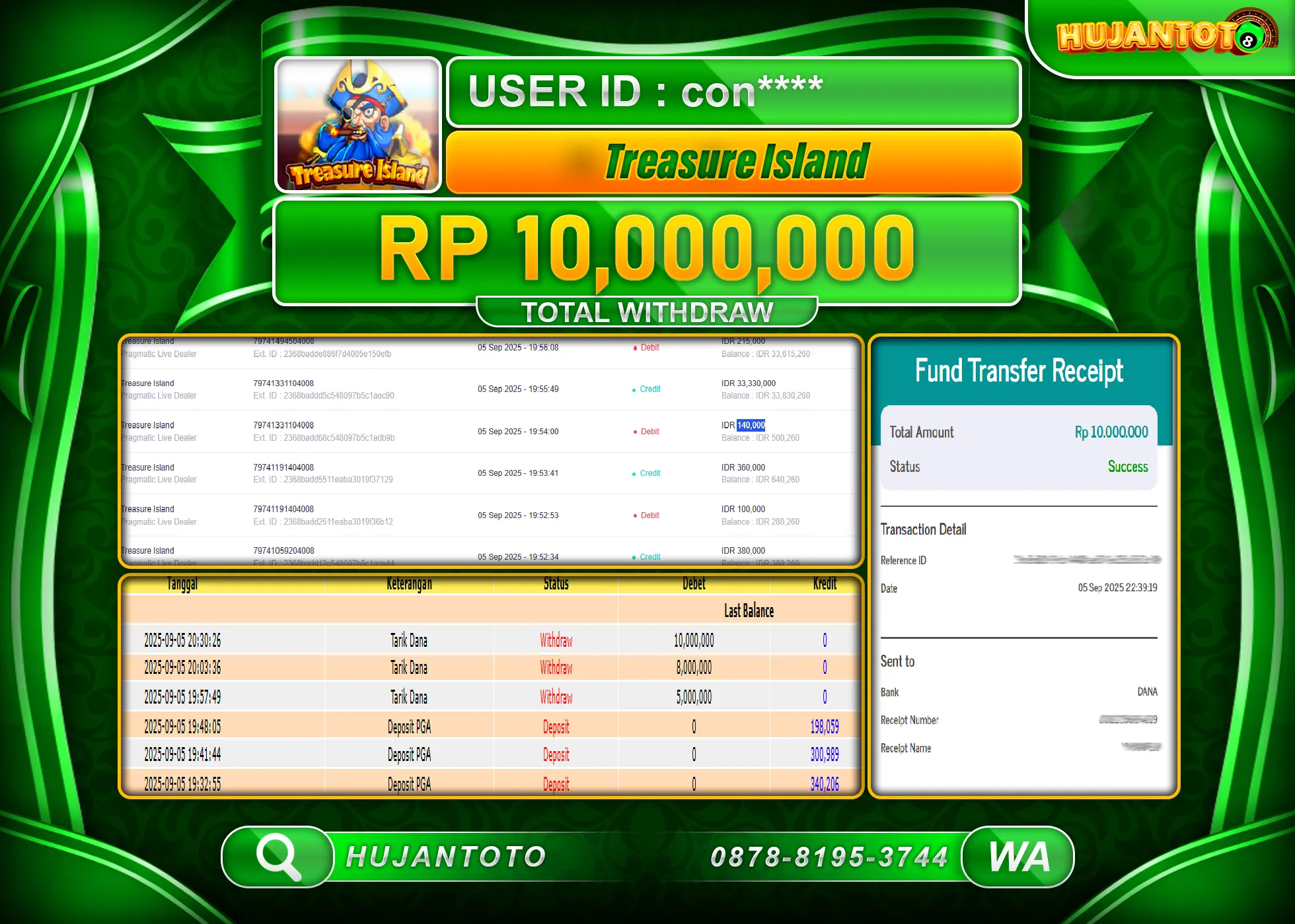 HUJANTOTO - BUKTI JACKPOT MENANG TREASURE ISLAN (LIVEGAMES)  Rp.10,000,000 - TERBAYAR LUNAS