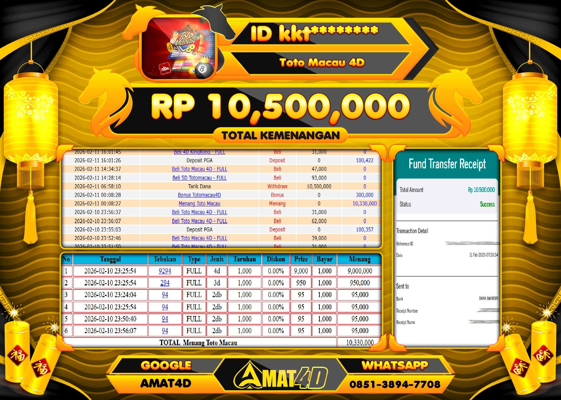 AMAT4D KEMENANGAN DI PASARAN TOTO MACAU 4DRp.10,500,000 BERHASIL TERBAYAR LUNAS