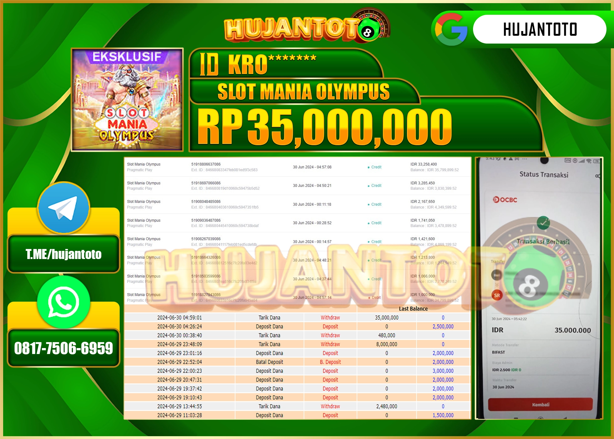 HUJANTOTO MENANG SLOT MANIA OLYMPUS 35,000,000 - LUNAS 