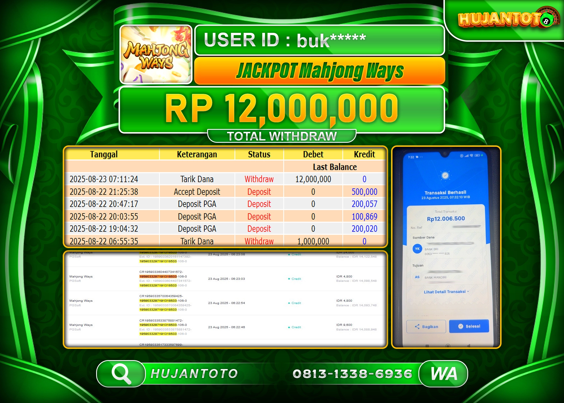 HUJANTOTO - BUKTI JACKPOT MENANG SLOT MAHJONG WAYS  Rp.12,000,000 - TERBAYAR LUNAS